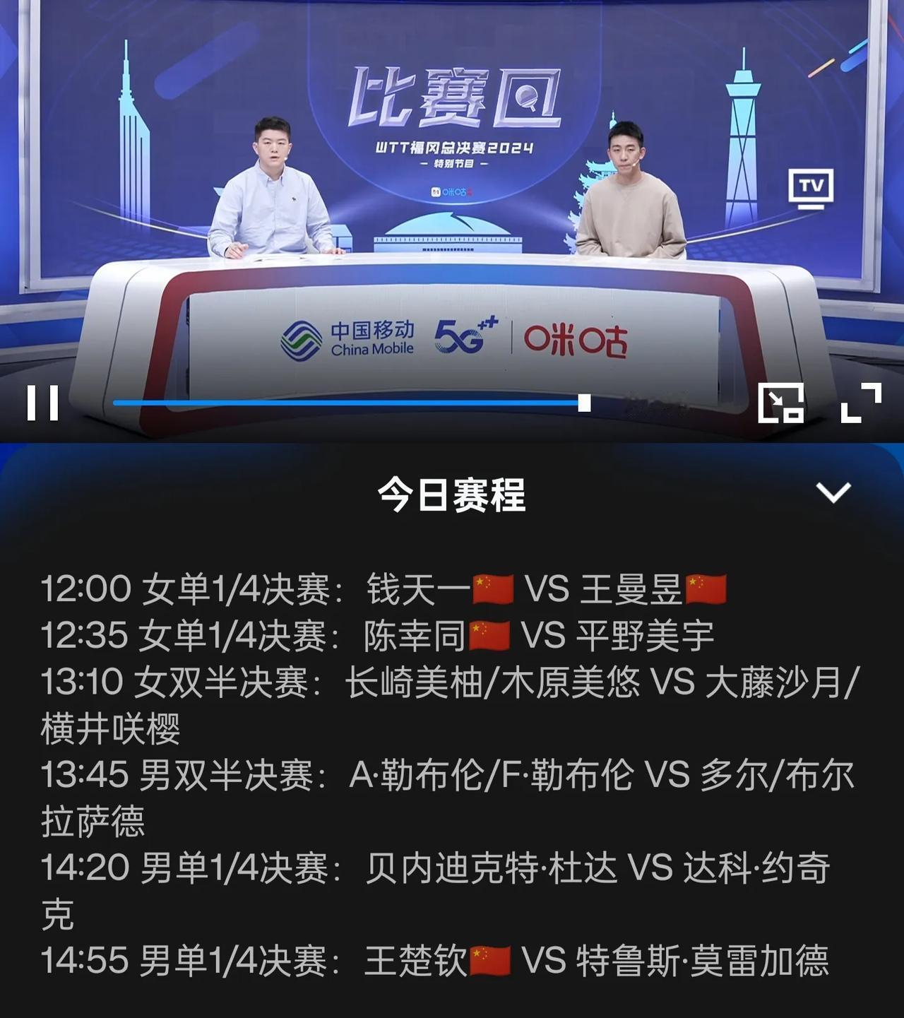 今日14点55分王楚钦将再次对战莫雷加德
巴黎断拍事件后，王楚钦第二天与莫雷加德