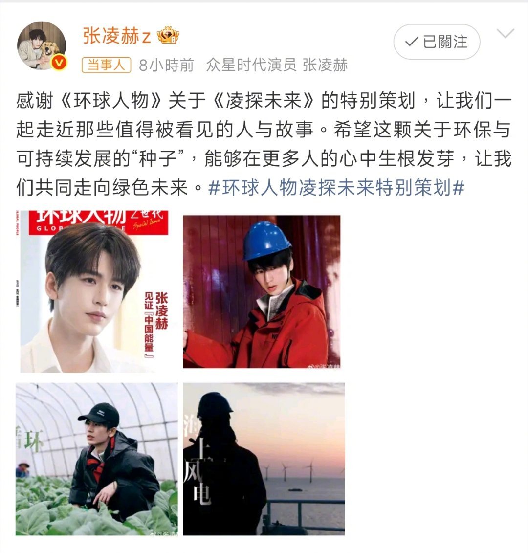 张凌赫谈演员的职业价值张凌赫登《环球人物》Z世代专题封面，在采访中分享纪录片拍摄