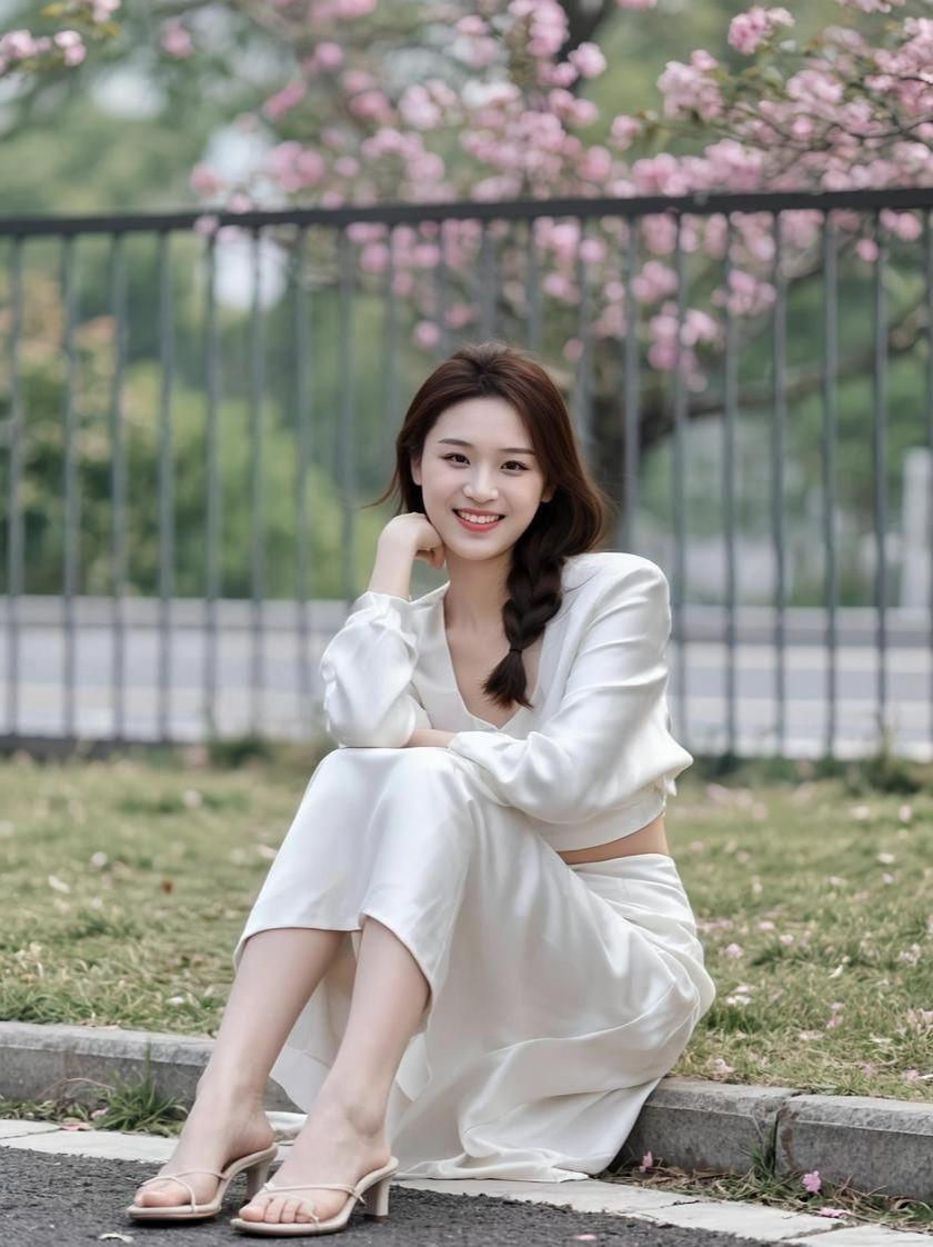 在这片静谧的树荫下，阳光透过缝隙洒下斑驳的光影，仿佛时间在此刻凝固。白色的裙摆与