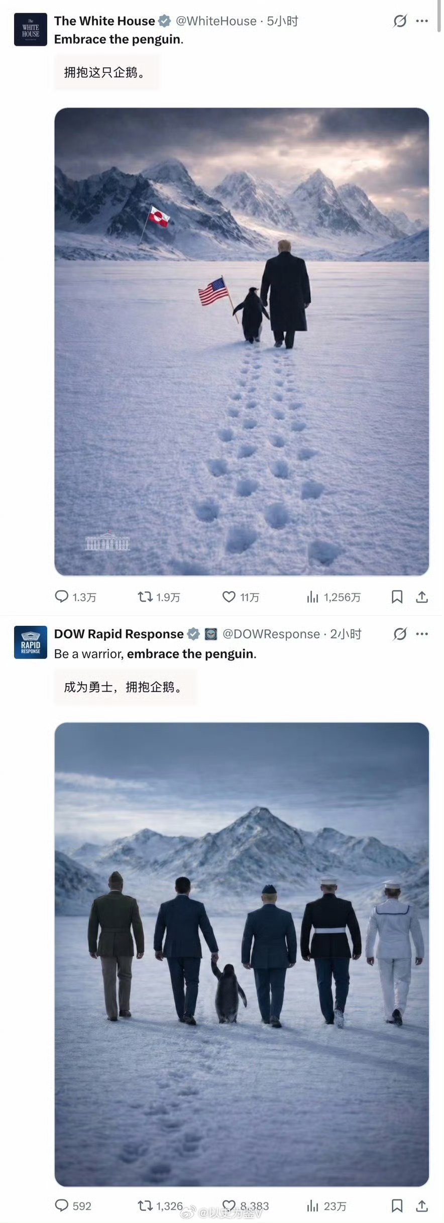 白宫发图领着企鹅走向格陵兰岛美国网友在科普北极没企鹅中国网友在搞段子中国网友1：