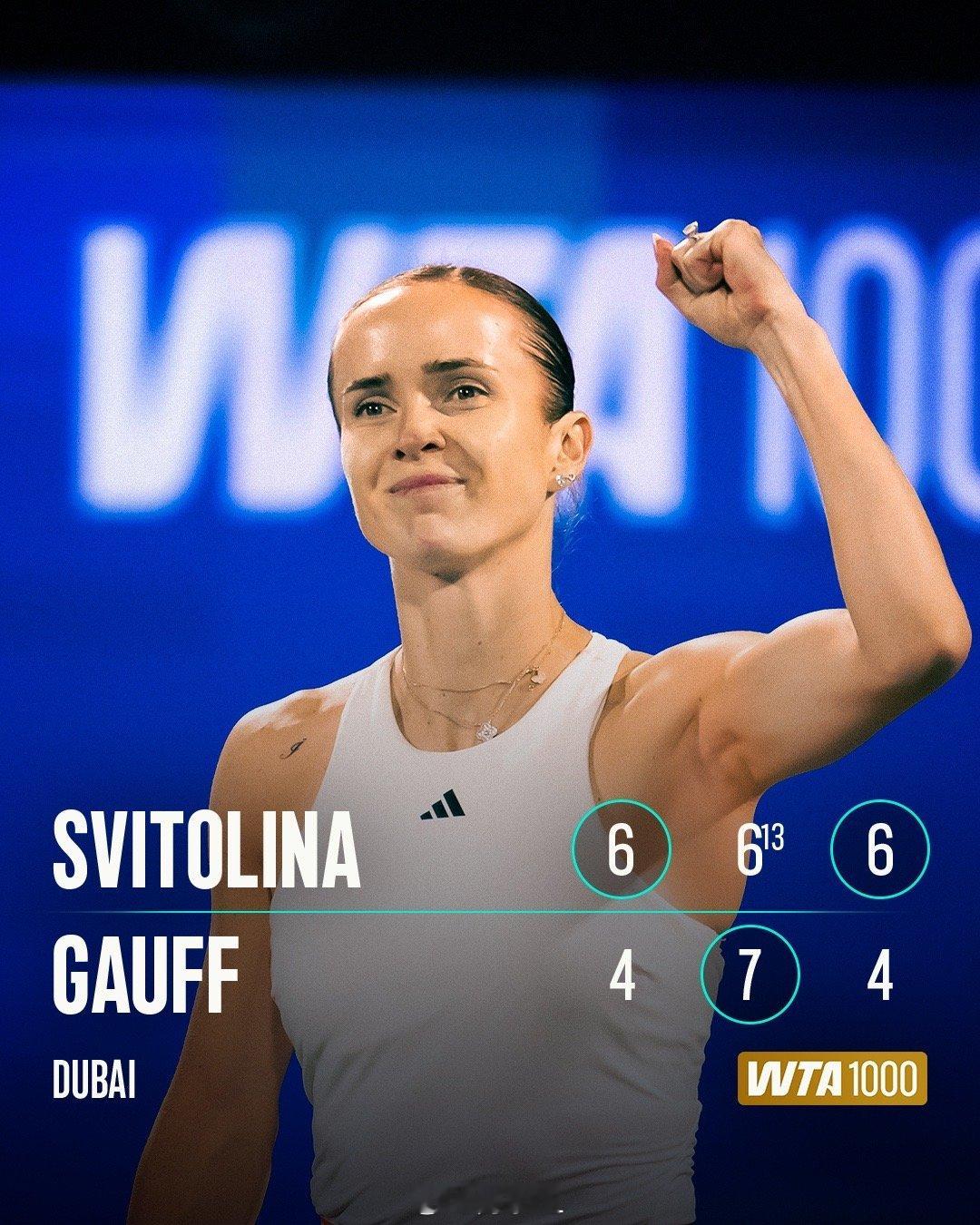 斯维托丽娜以6-4 6-7(13) 6-4险胜高芙，晋级迪拜1000赛决赛。接下
