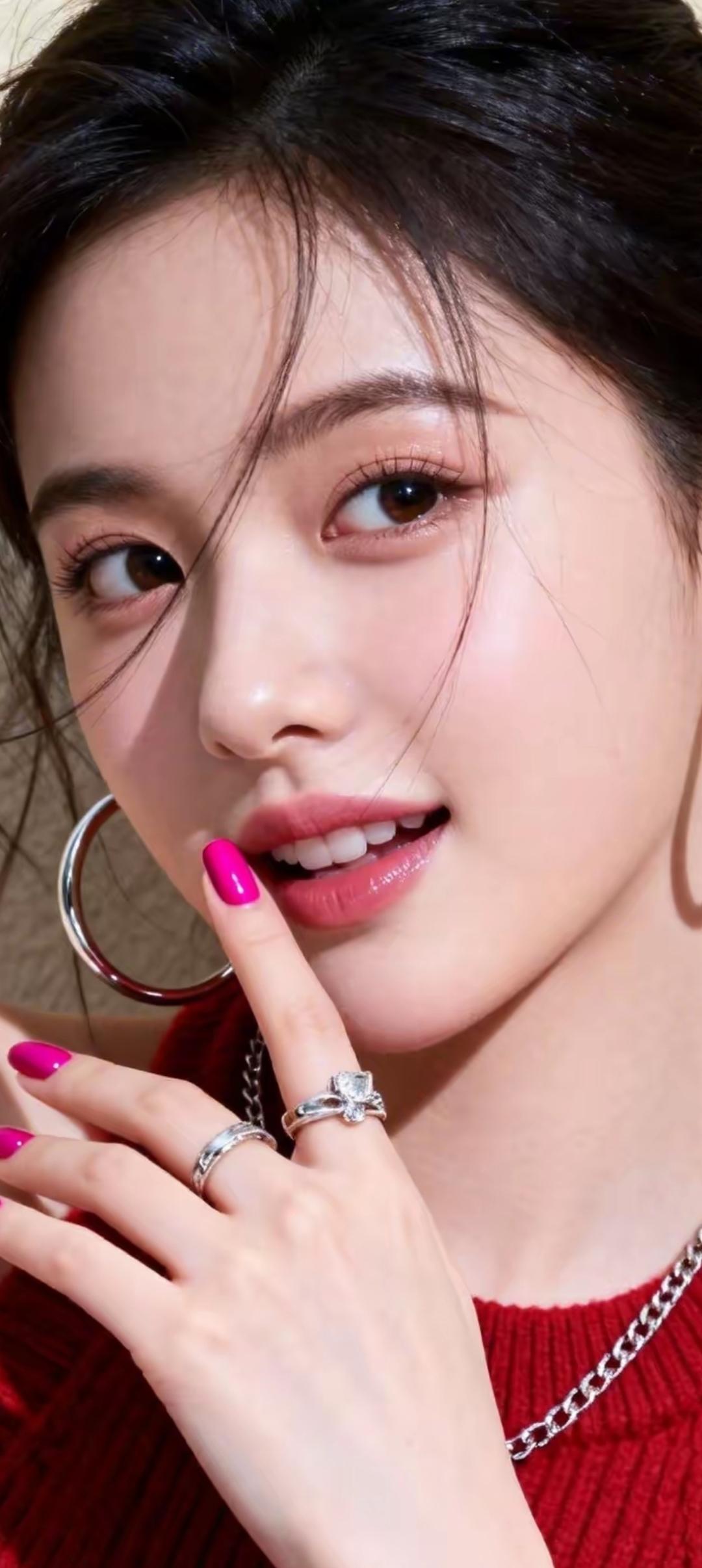 甜美少女风，粉色指甲与红衣相得益彰，精致妆容与珠宝闪耀！💖✨