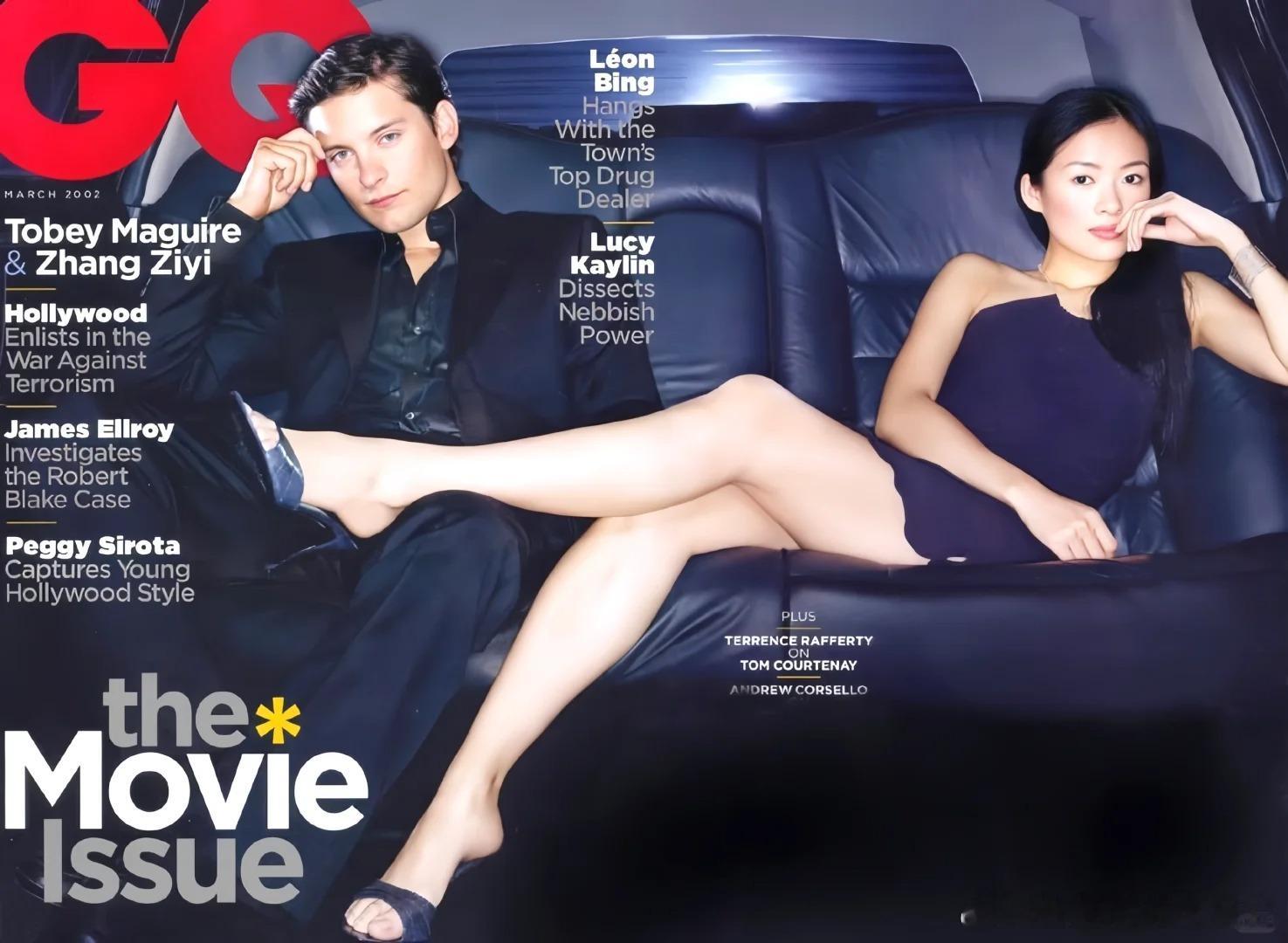 2002年美版GQ3月封面，章子怡和蜘蛛托比·马奎尔 