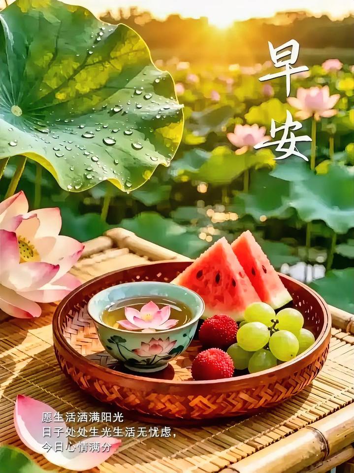 早安！荷塘晨光好，西瓜葡萄香，莲茶伴花影，今日心情满分，生活处处生光！