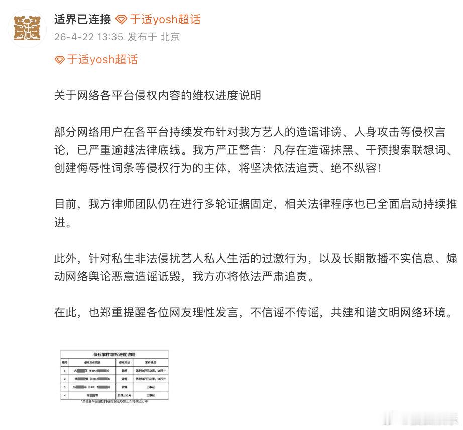 【于适起诉多方侵权】近日，于适方发布维权进展。维权进度说明称律师团队仍在进行多轮