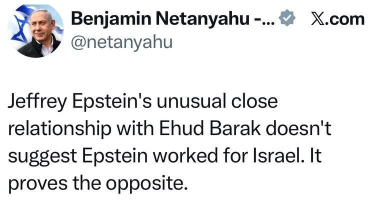 🙈本杰明·内塔尼亚胡表示，杰弗里·爱泼斯与其政权的密切关系并不意味着他为“以色