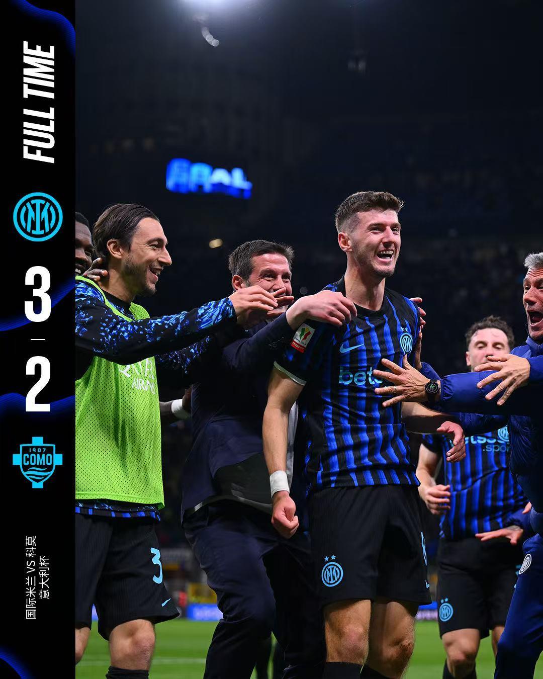 北京时间4月22日凌晨3:00，首回合0比0战平科莫的蓝黑军团在意大利杯半决赛第