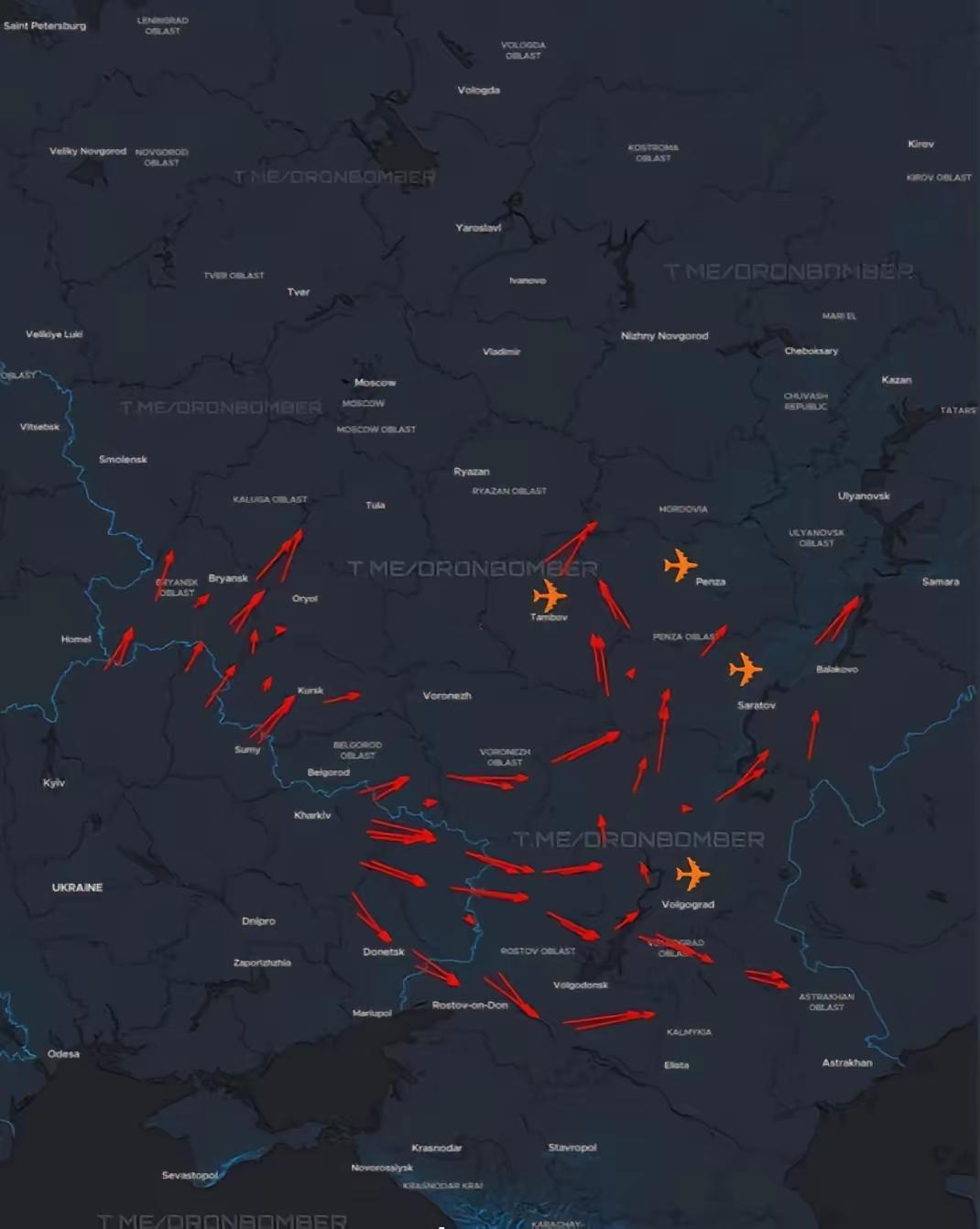 突发新闻：
​乌克兰又发动了对俄罗斯的无人机群攻击。
​伏尔加格勒、萨拉托夫、奔