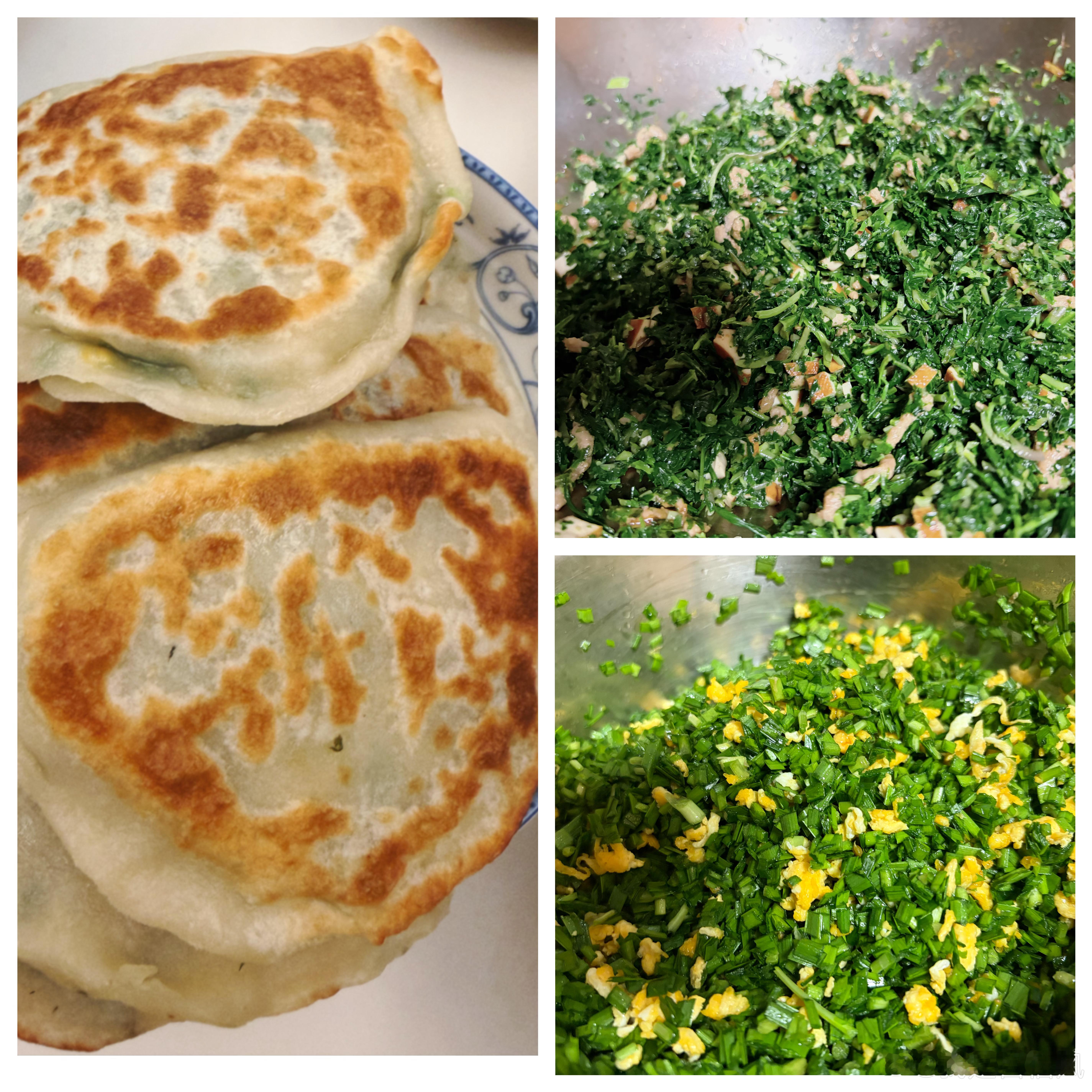 今晚吃盒子，两种馅：老传统北方馅：韭菜鸡蛋，新尝试南方馅：马兰头豆干。都挺好。 