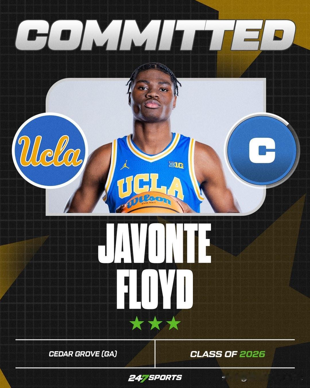 中锋Javonte Floyd宣布承诺NCAA男篮 UCLA，身高6-9=206