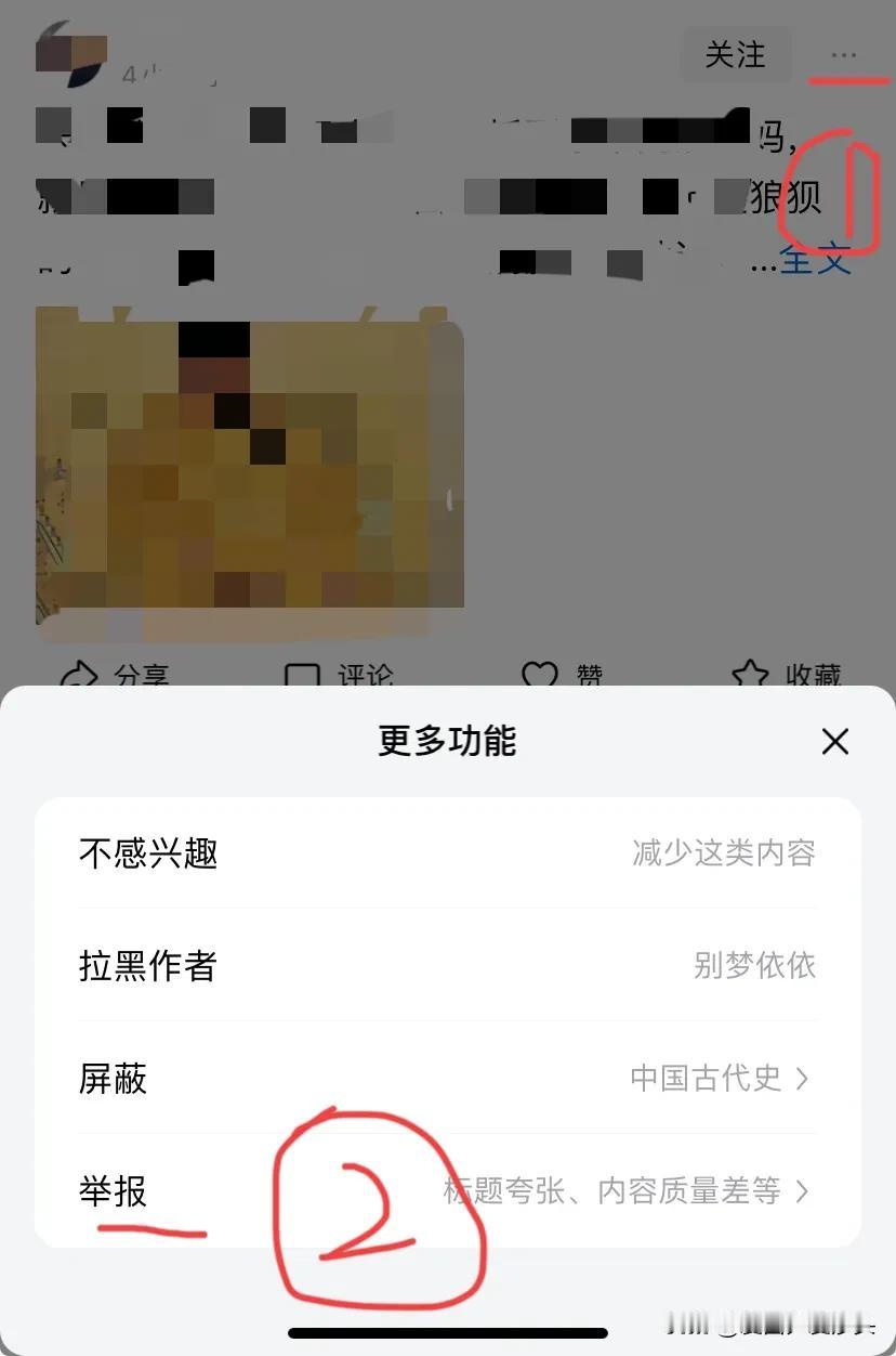来来，教你举报黑子，还网络净土！
第一步：对黑子的内容，点击右边的三个点！
第二