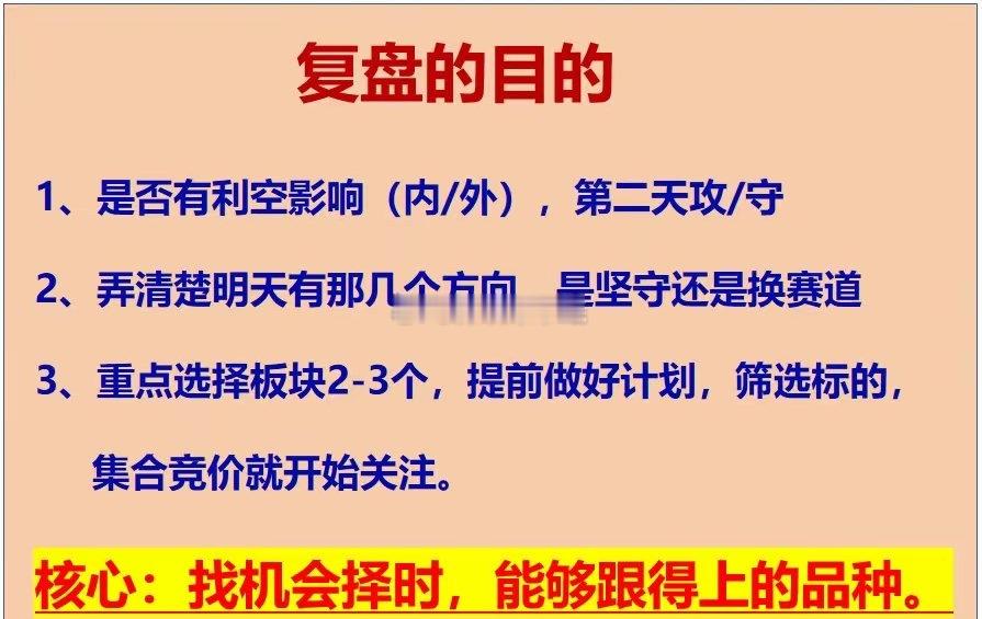 炒股复盘要看什么？​复盘的目的是要搞清楚，是否有利空影响（内/外），第二天攻/守