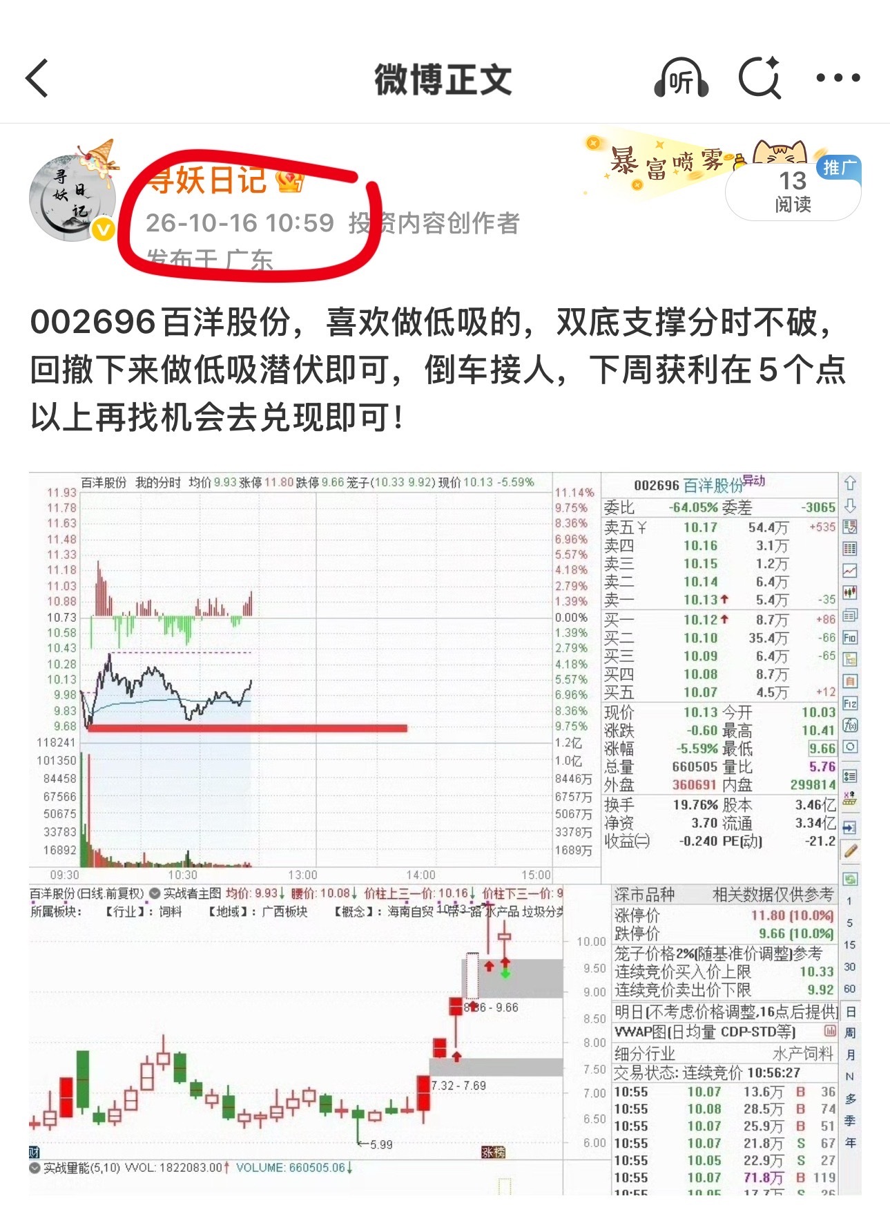 百洋，今天若不继续封死涨停，则减或清 ​​​