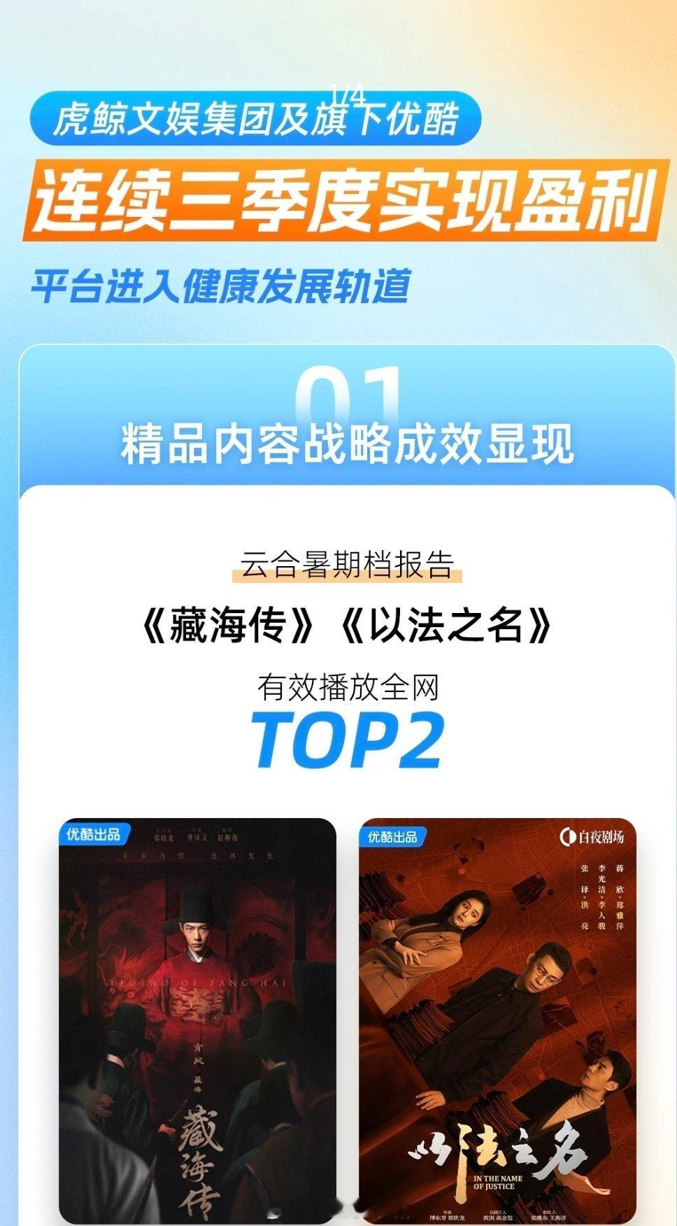 虎鲸文娱官方发布优酷财报多次提到藏海传，云合播放+商业化收入都是位列酷的首位 