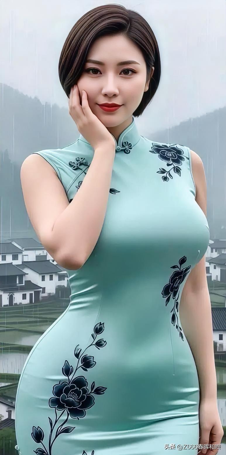 雨巷深处，青黛旗袍，黑花勾勒，温婉如莲，尽显东方女子的婉约之美。