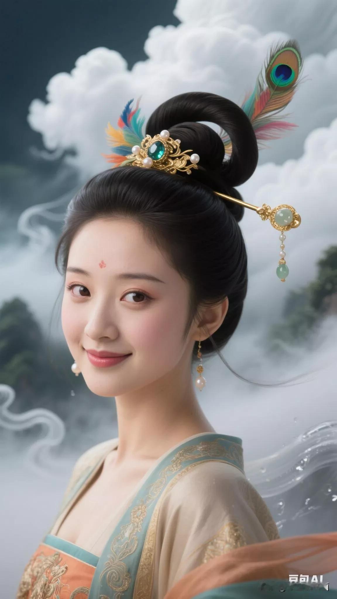 古风美人，云雾缭绕，仙气飘飘。张立启原创书画AI作品古仕女发髻集锦首发451期集