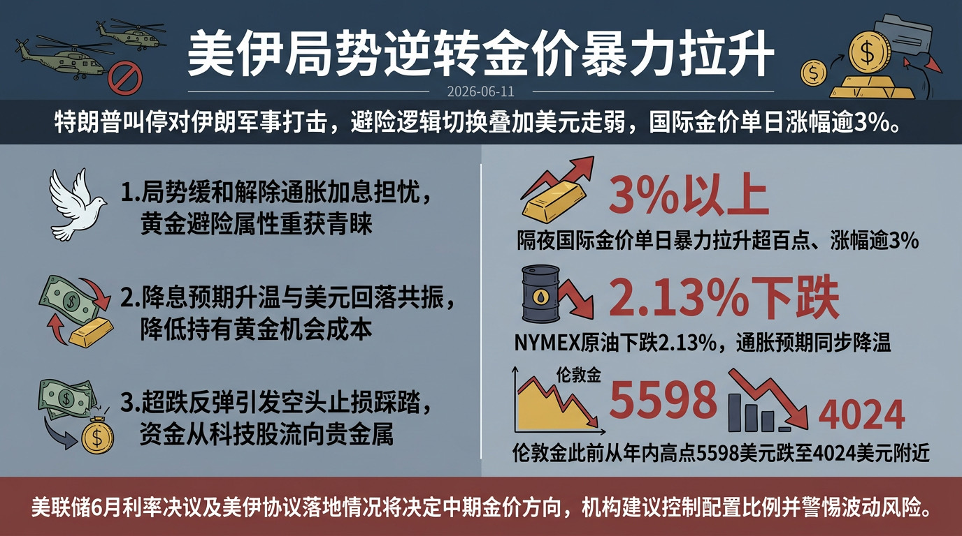 黄金上涨原因近期（2026年6月中旬）黄金价格大幅反弹，核心导火索是美伊宣布达成