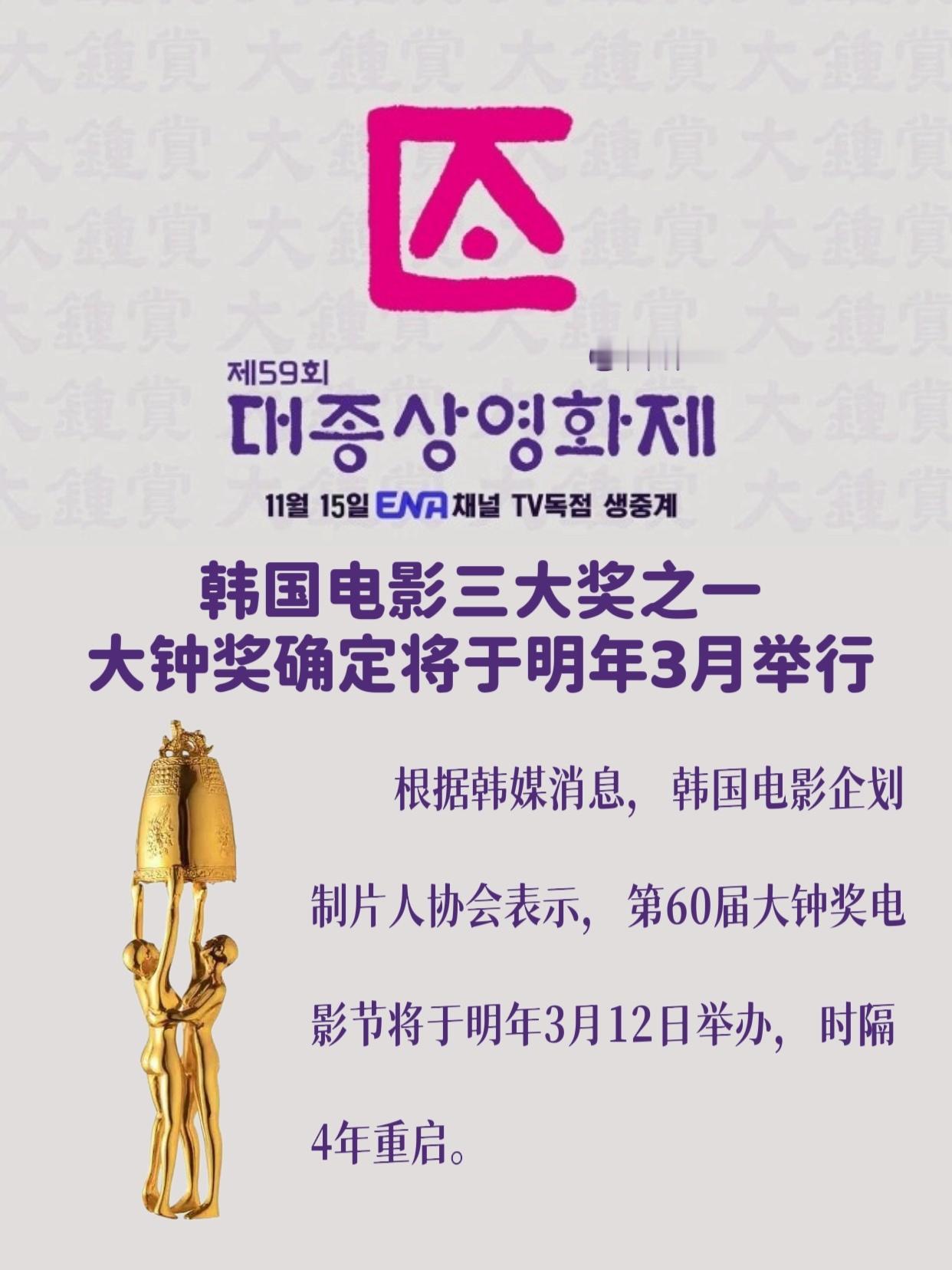 大钟奖将于明年3月举办根据韩媒消息，韩国电影企划制片人协会表示，第60届大钟奖电