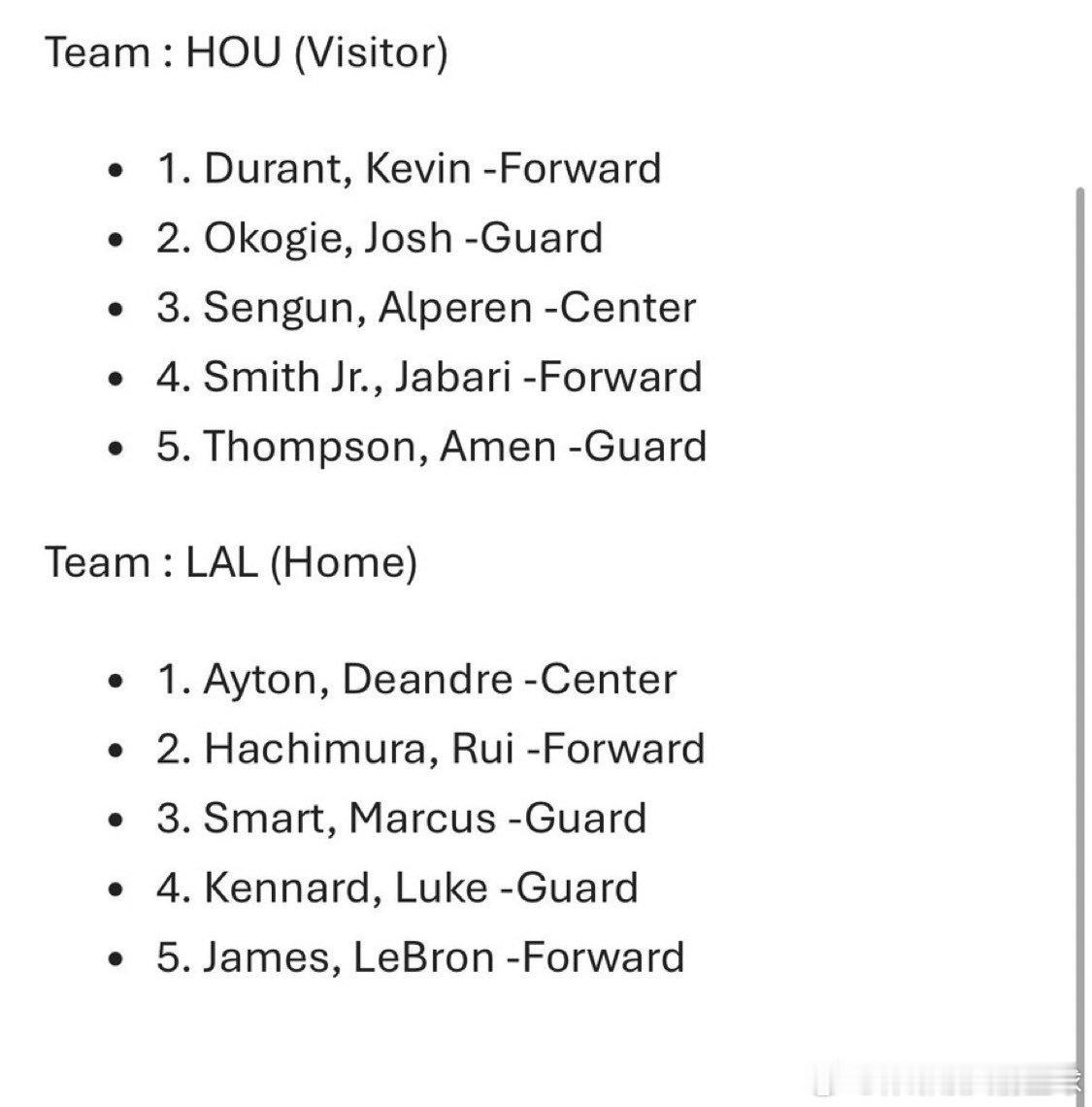 火箭vs湖人 首发出炉🔥▪️客队：休斯顿火箭1. 凯文·杜兰特 - 前锋2. 