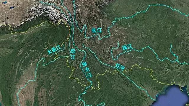 西南水系简图。三江横断并流（三江褶皱带），红（河）珠（江）发源滇域。尤其是怒江、