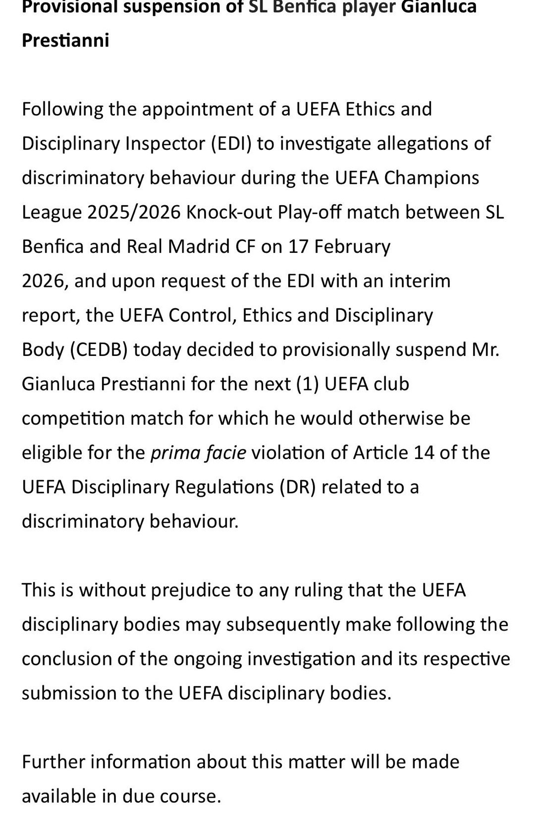 🚨欧足联官方：本菲卡￼球员普雷斯蒂安尼￼被临时禁赛，缺席欧冠对皇马次回合比赛。