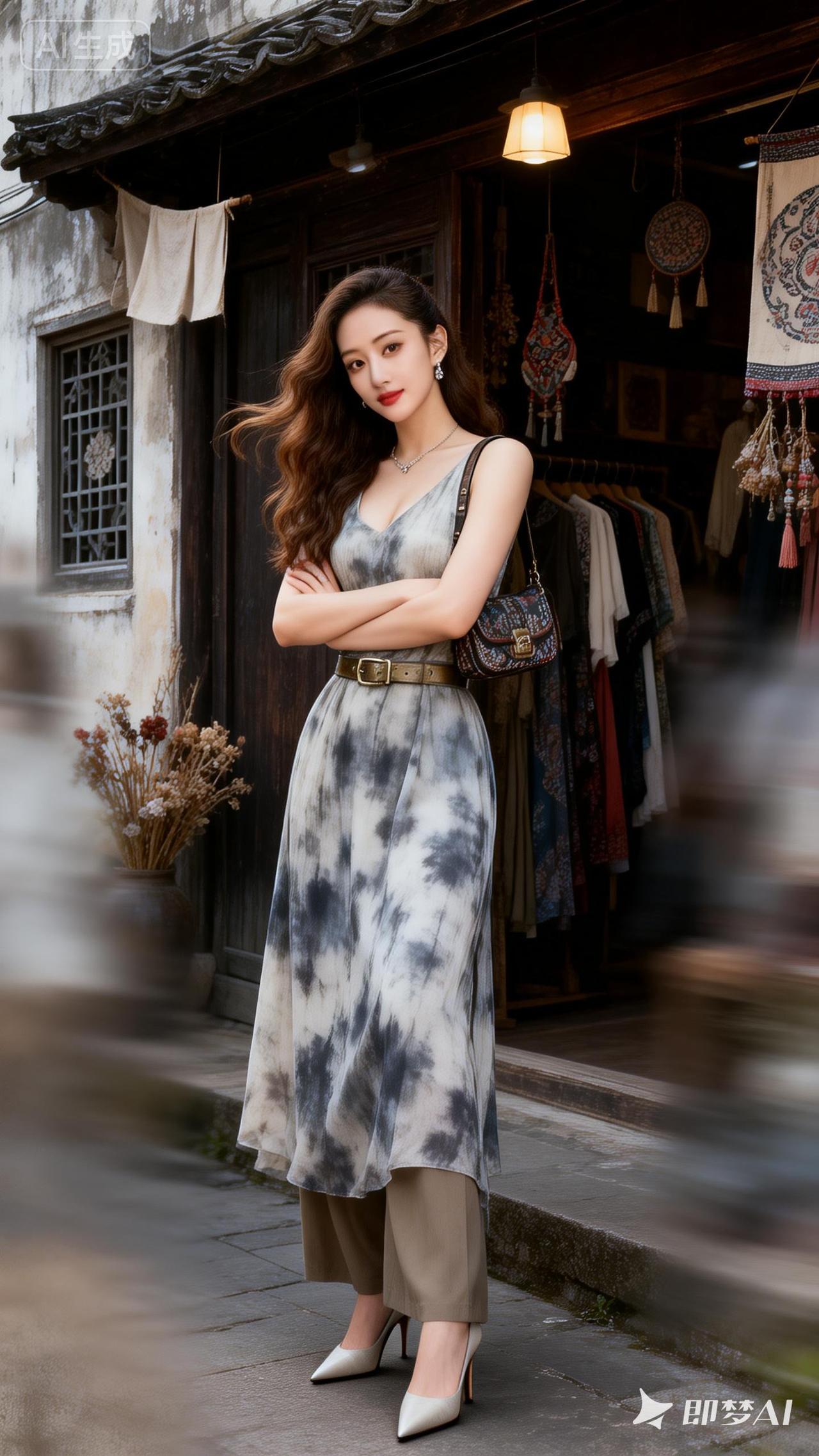 复古风穿搭，优雅气质，黑白撞色连衣裙，时尚街拍。