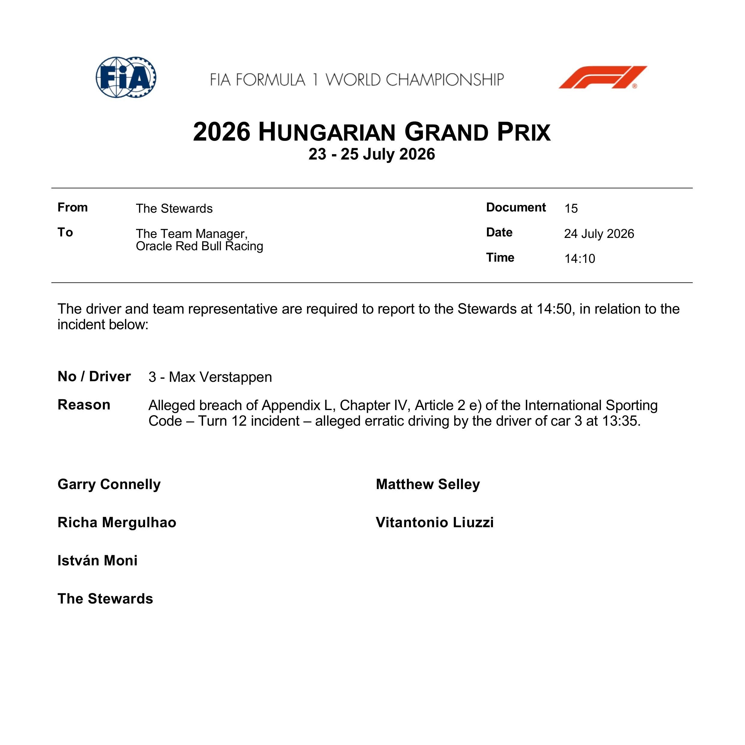 F12026F1匈牙利大奖赛 维斯塔潘因为在一练中的不稳定驾驶行为，被叫道赛事干