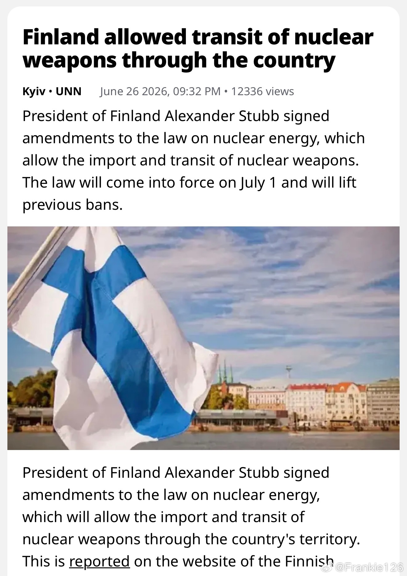 Alexander Stubb已簽署一項法律，允許在芬蘭境內存放核武器。該法律將