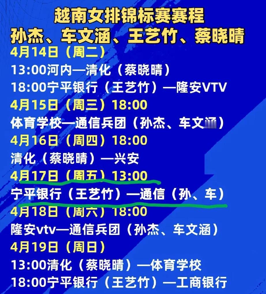 今日赛程！今天主攻手王艺竹登场比赛！今天下午一点开打，王艺竹银行队对阵孙杰车文涵