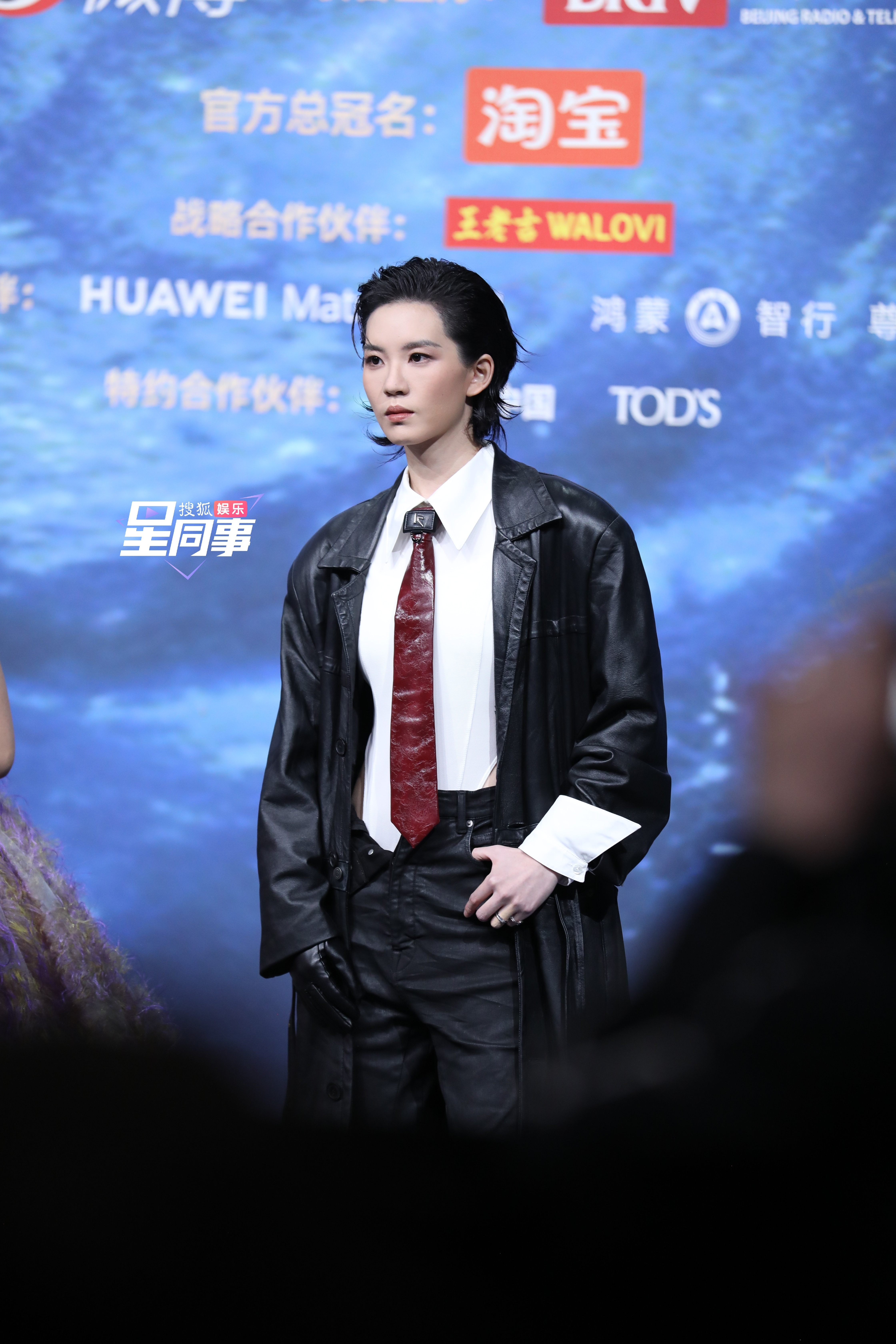 微博之夜 红毯生图来咯背头皮衣搭配酒红色领带，霸总级别