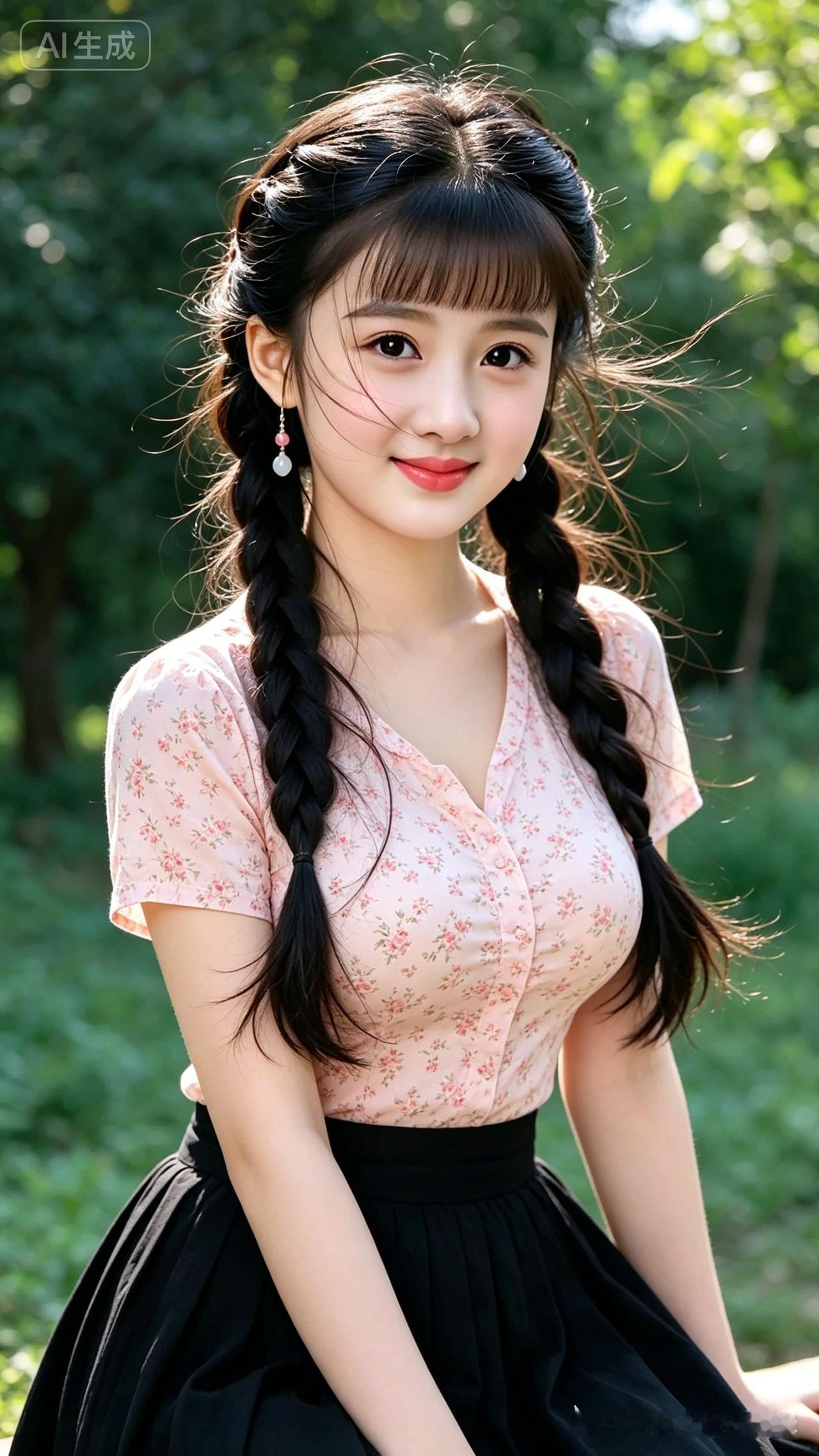 甜美少女风，粉色花衬衫搭配黑色百褶裙，自然清新的户外自拍