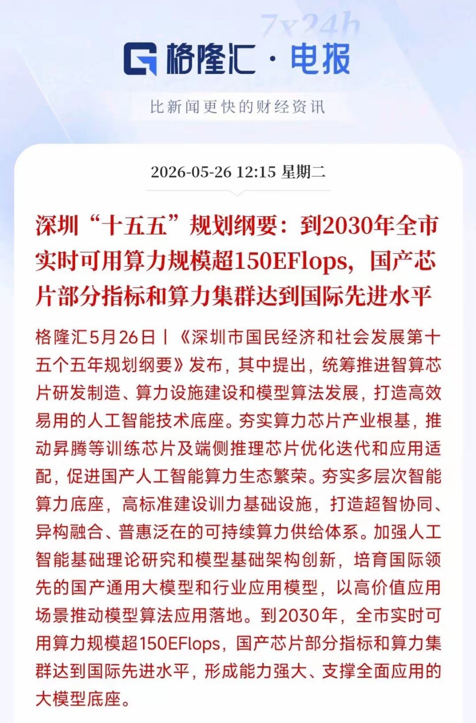就在刚刚算力板块迎来政策性利好，而且是长期的推动1深圳要全力做AI算力、国产AI