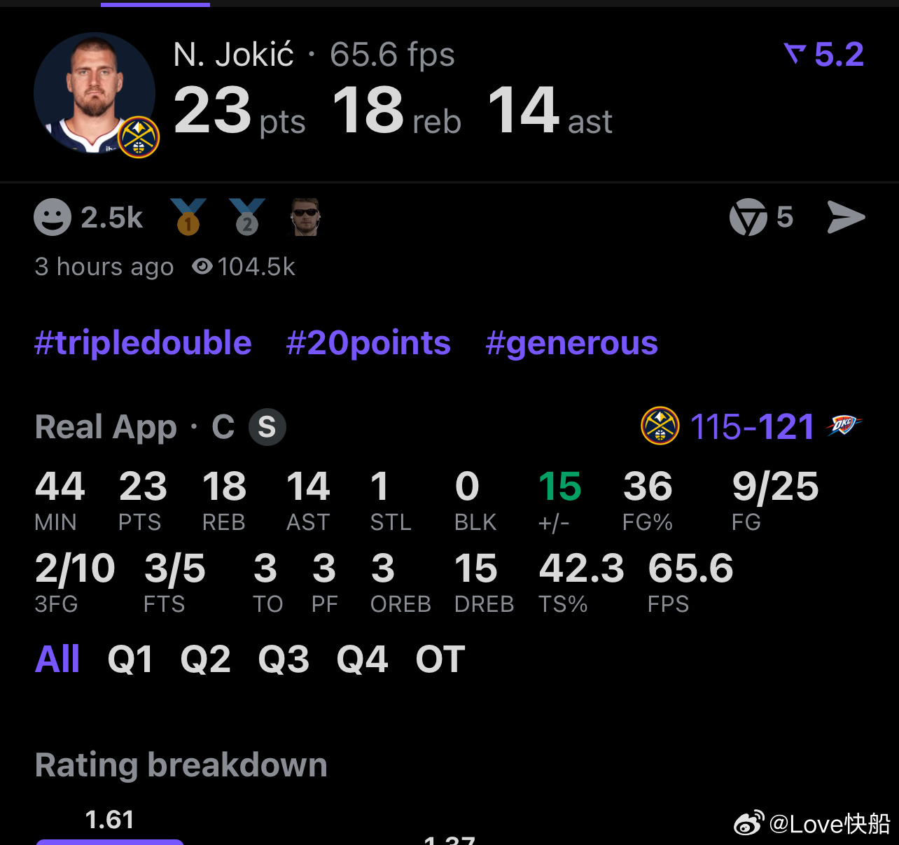 约基奇复出以来这效率拉完了，25投23分，罚球也只有5次！雷霆掘金冲突约基奇怒了