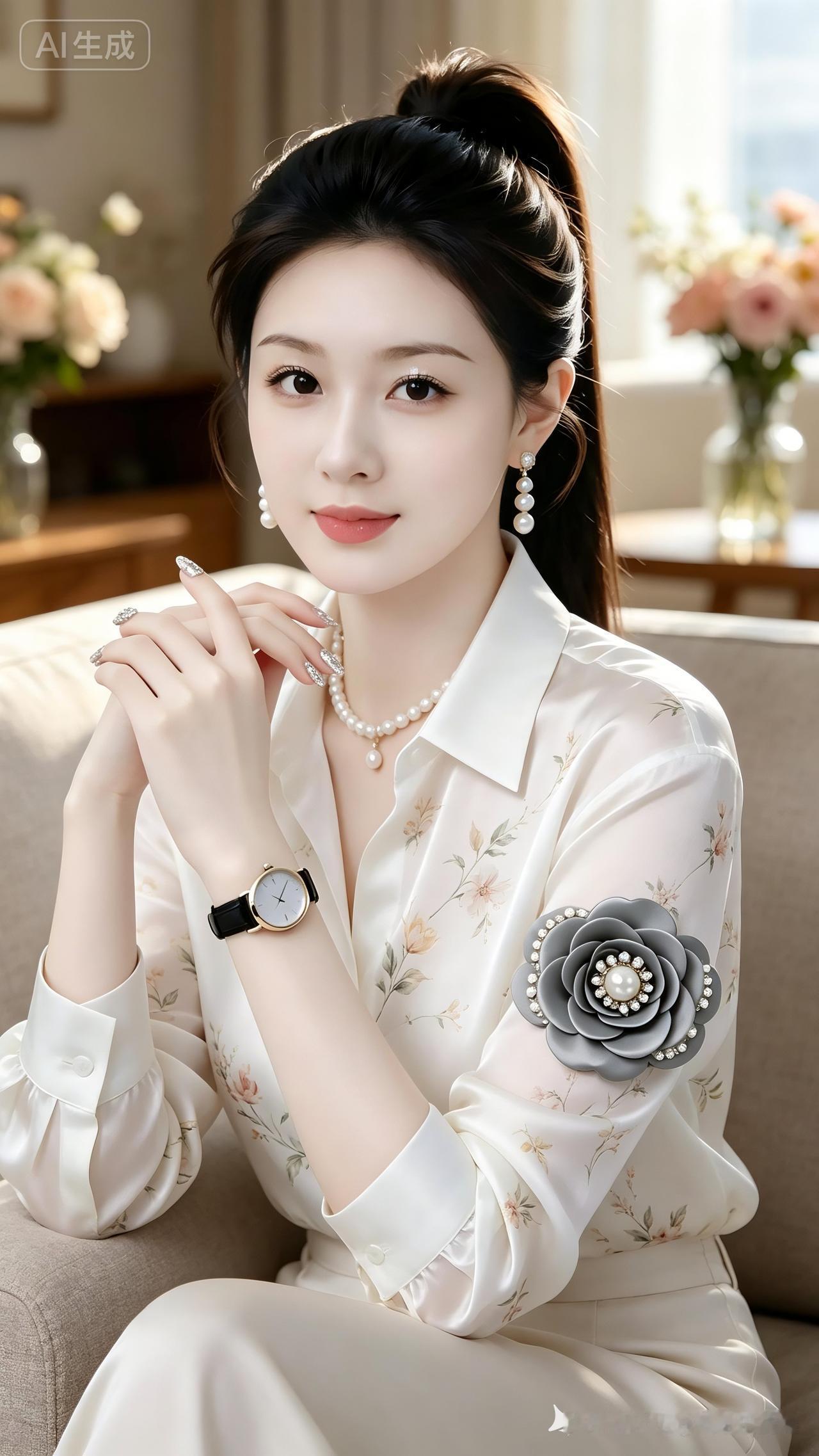 这姑娘打扮得真精致，像是从画里走出来的一样。肩膀这朵花太好看了，这是一种什么样的