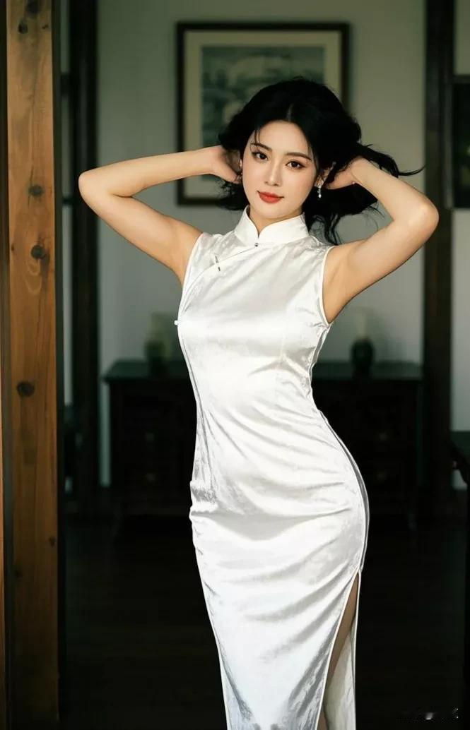 《旗袍佳人》
 
一袭白色旗袍，
似月光轻洒在人间。
流畅的线条，
勾勒出婀娜的