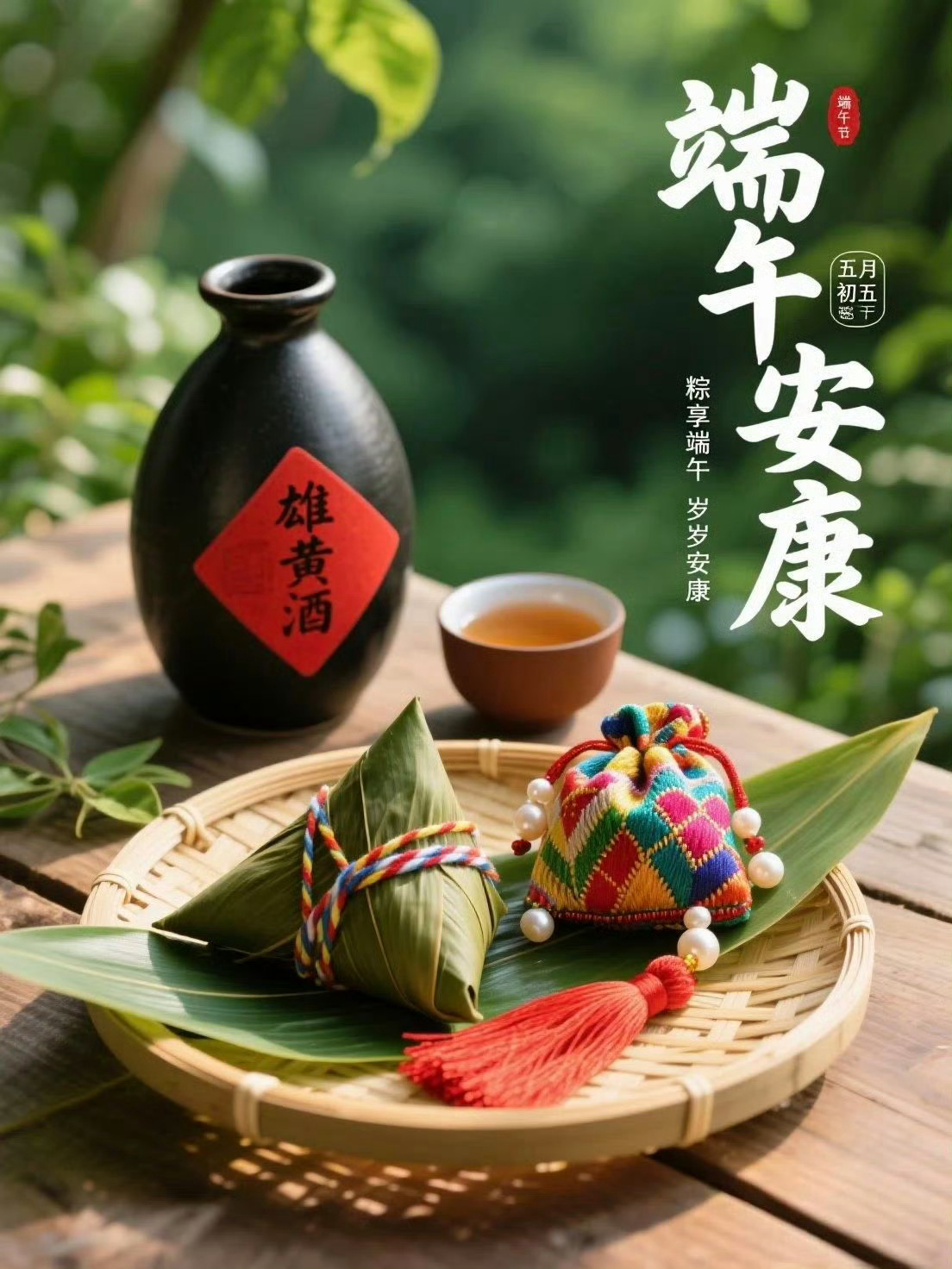 人生变化多“端”，不过“午”味陈杂，粽叶包住平“安”，粽米守护健“康”；食粽点艾