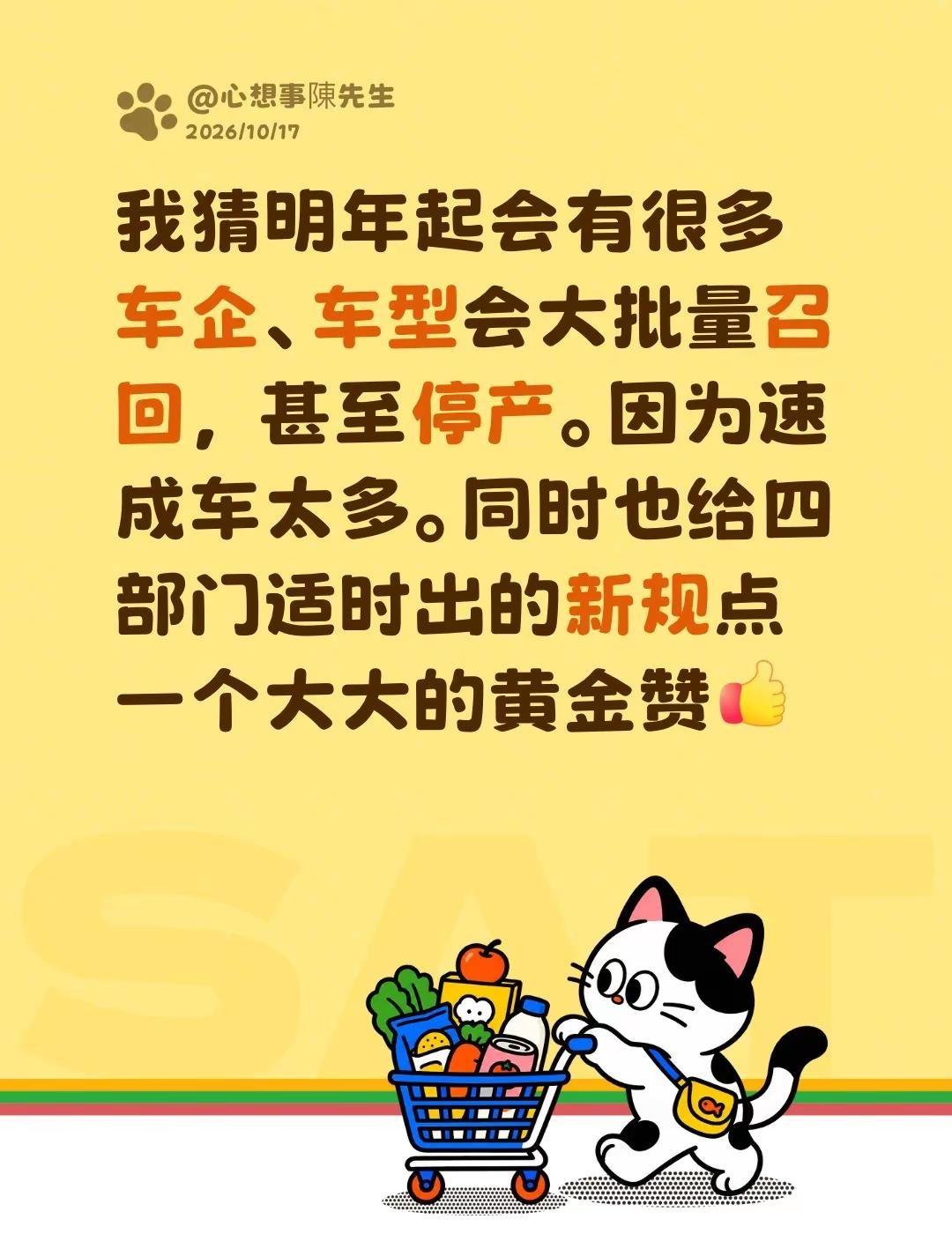 我猜明年起会有很多车企、车型会大批量召回，甚至停产。因为速成车太多。同时也给四部