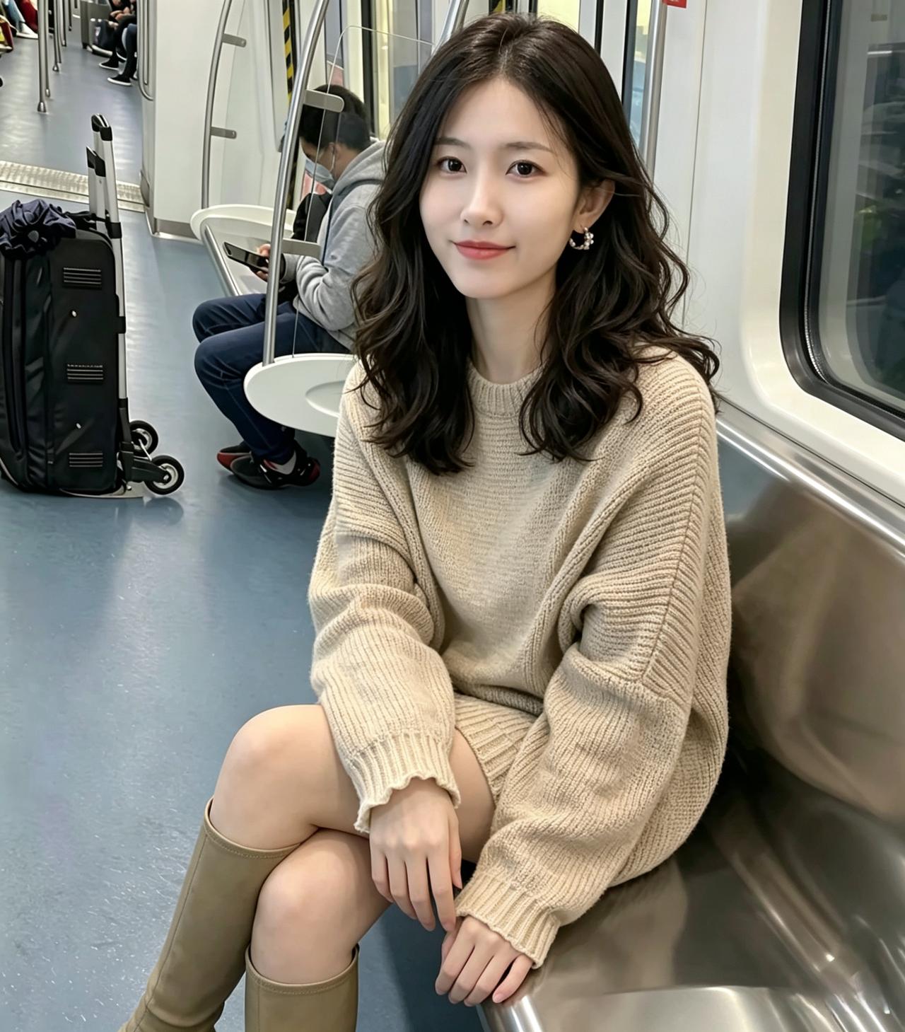 你换了个姿势，
毛衣的褶皱里，藏着慵懒的温柔。
刘海垂下来，遮住一点眉眼，
却挡