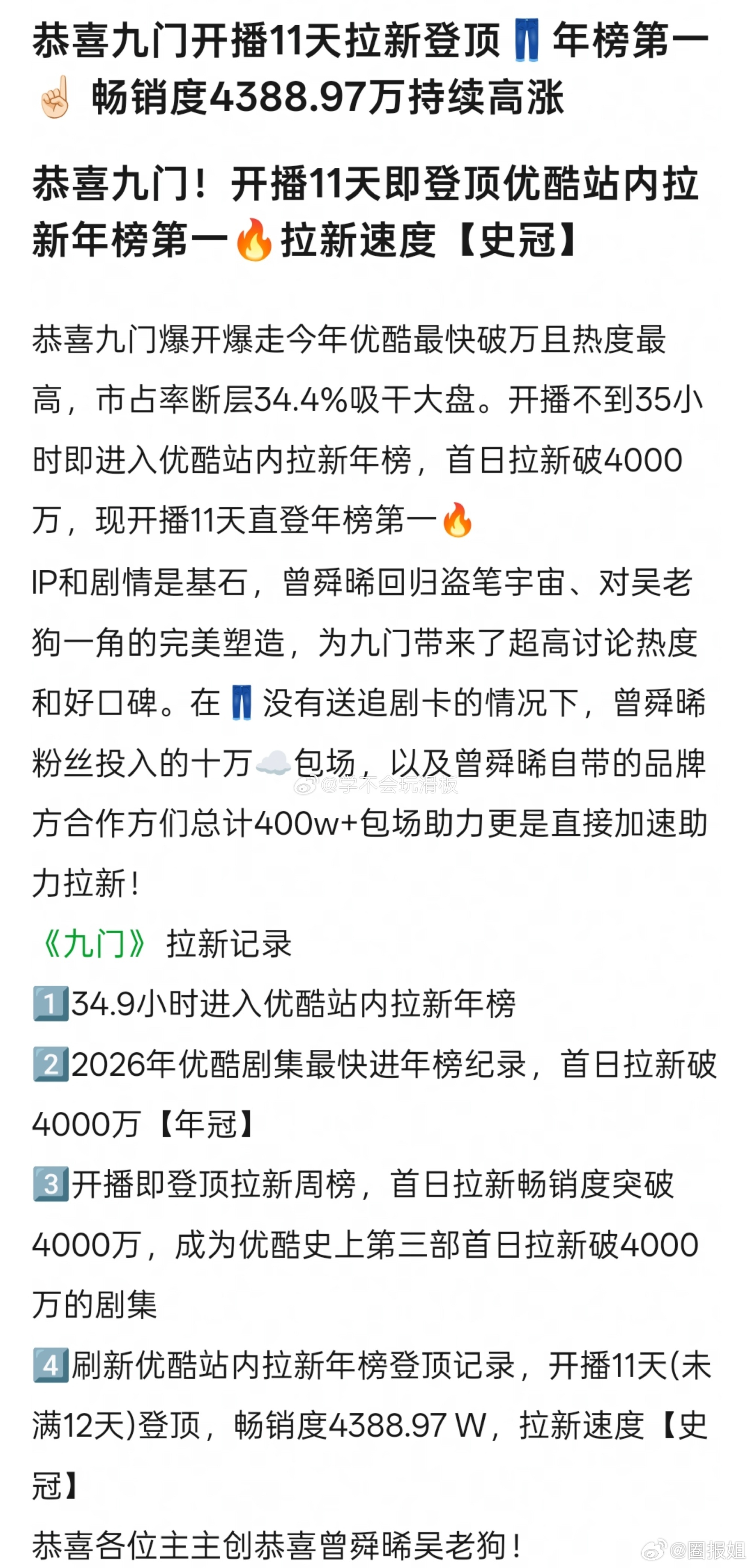 九门破拉新记录  九门登优酷新年榜第一 优酷今年最争气的剧来了！拉新数据刷新历史