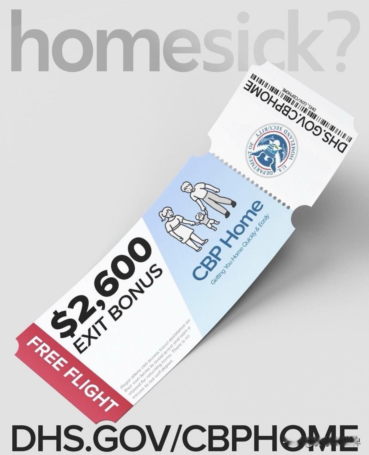 對於自動回家的非法移民，可以獲得$2,600元的補貼。

Homesick?
T