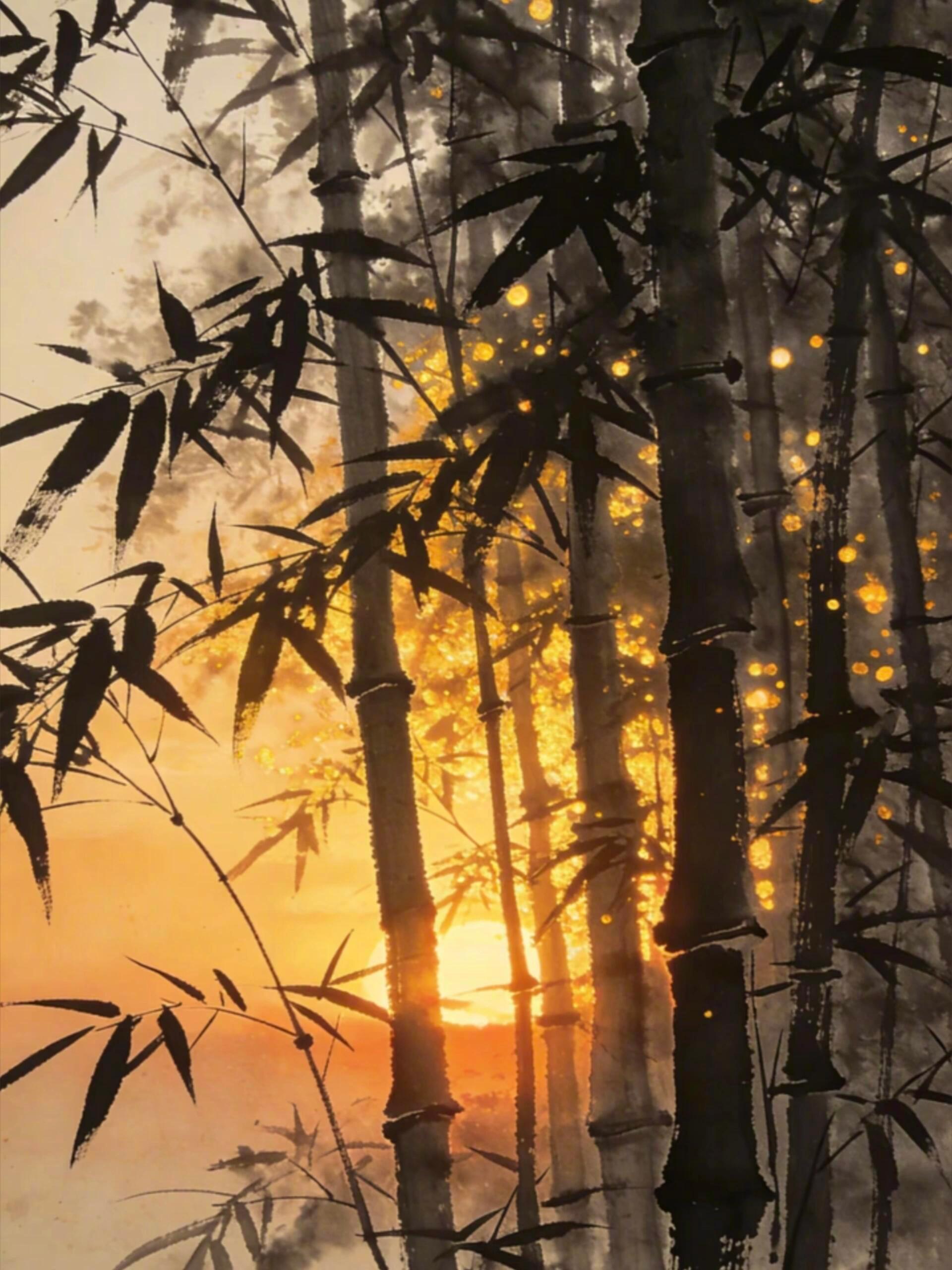 萧萧墨竹疏林外，一半秋山带夕阳。 