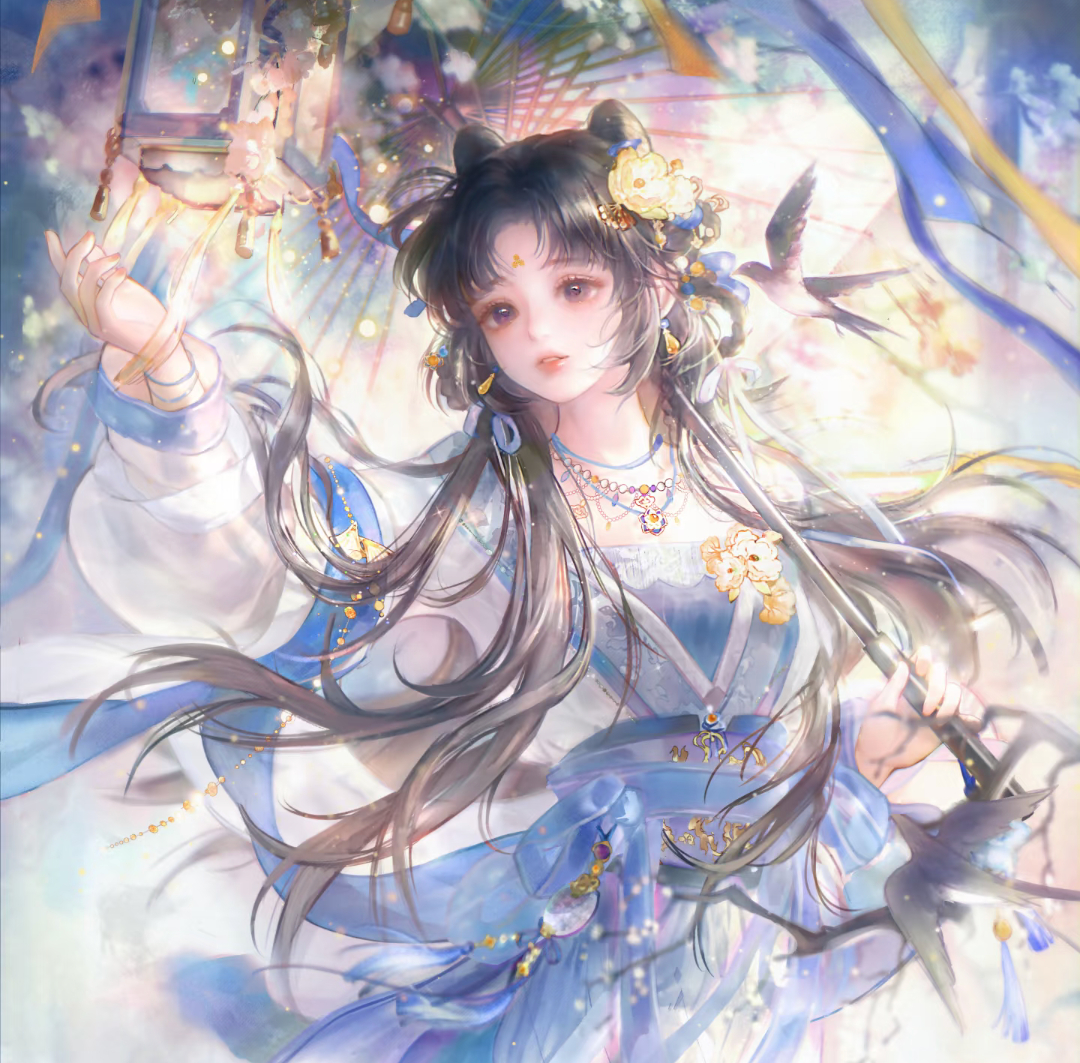 国风｜水彩｜少女｜温婉｜仙气｜繁花飞燕｜柔焦质感｜古典美人我为你唱一曲，你倾城一