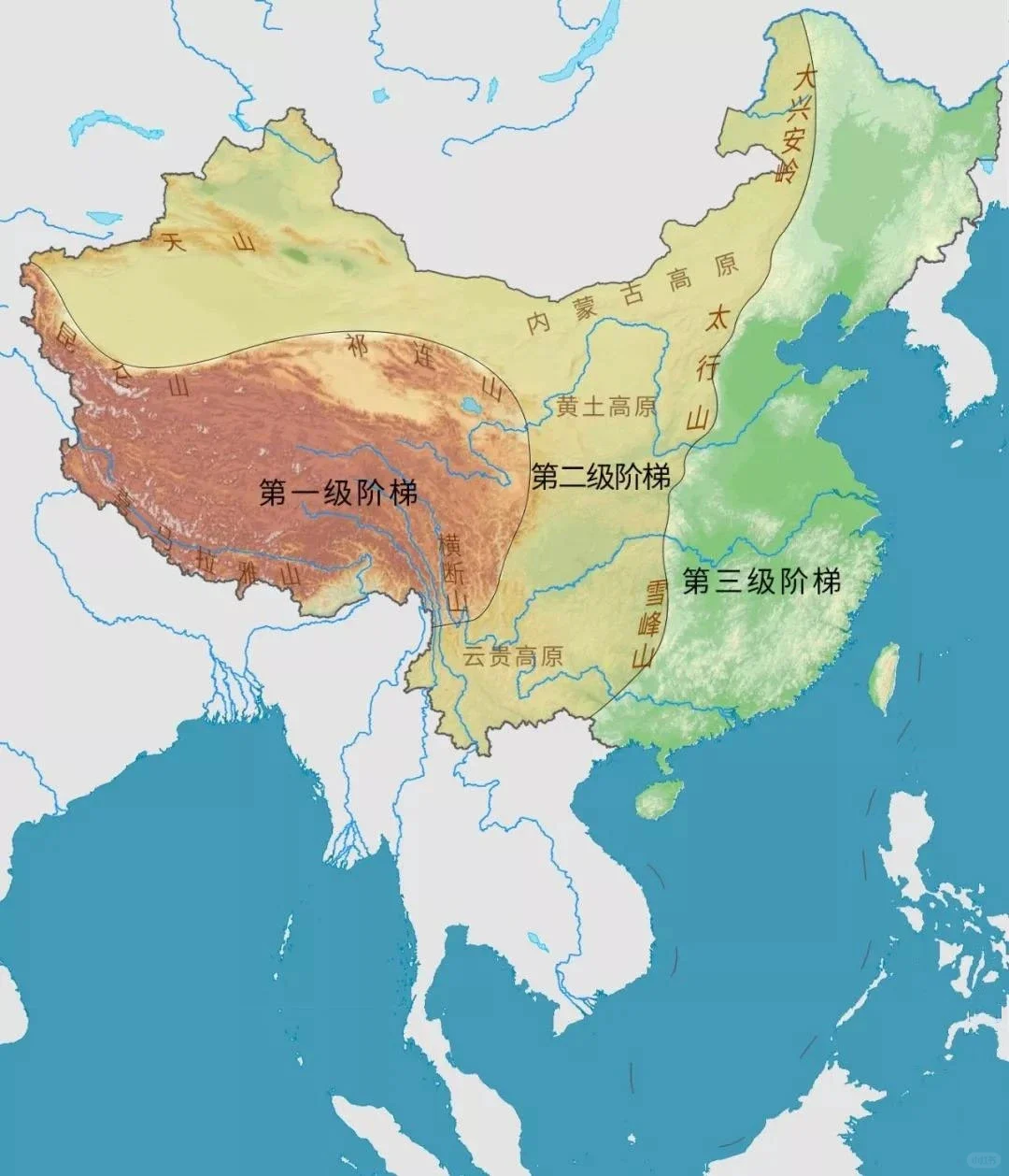 中国地势三级阶梯示意图