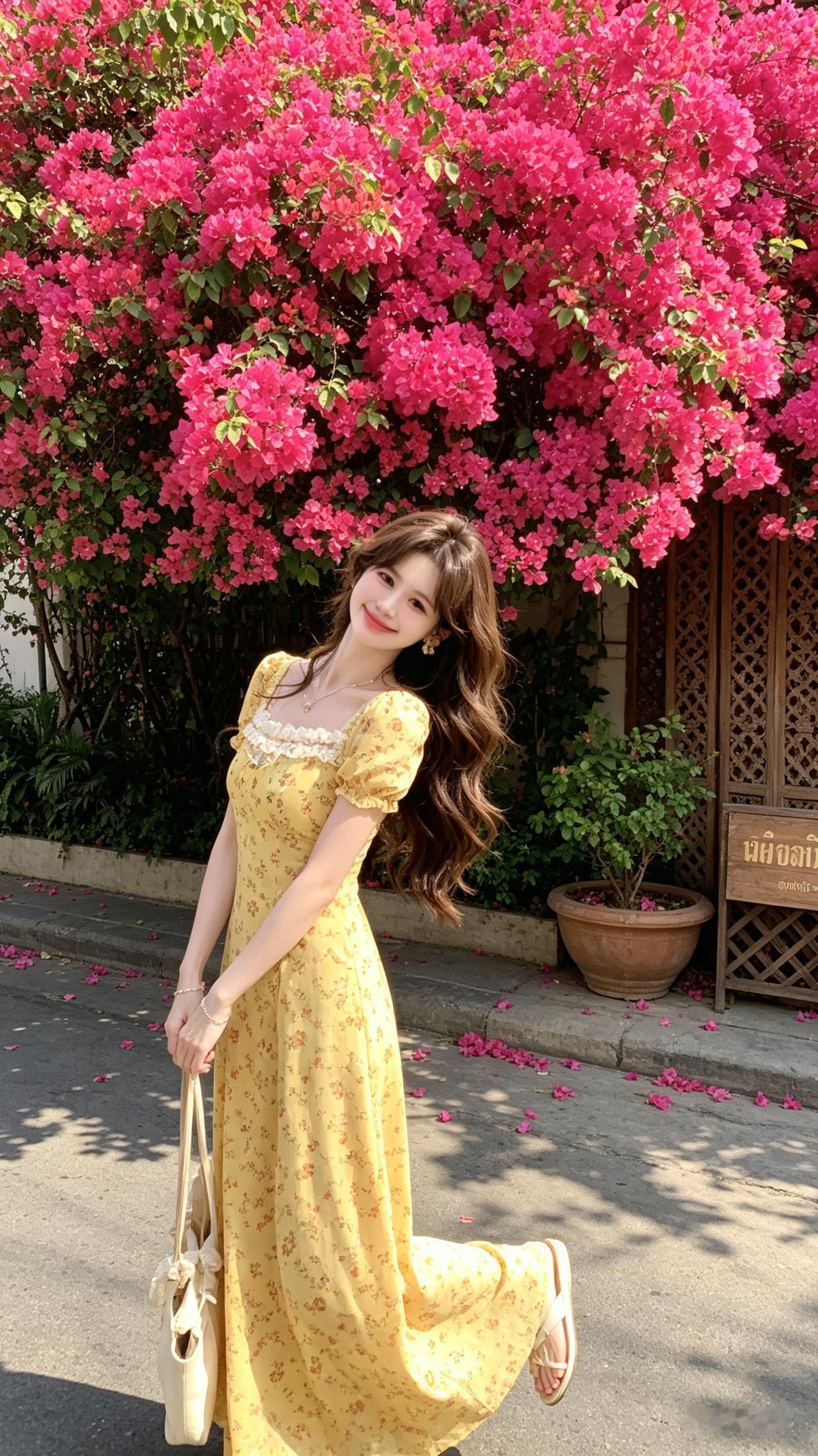夏日清新穿搭，黄色碎花裙搭配粉色花海，甜美动人！🌸💃🏻