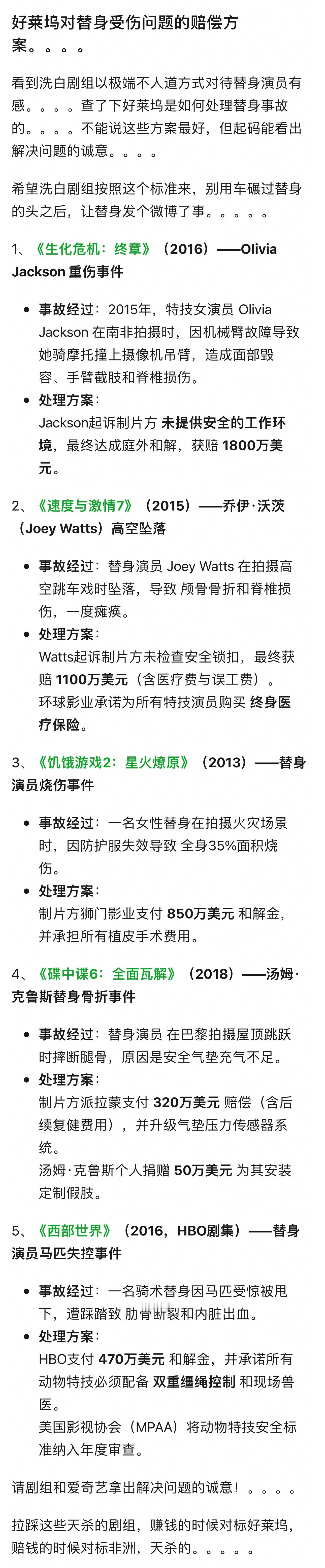 看了好莱坞对替身受伤问题的赔偿方案，突然觉得内娱普通人的命真便宜… 