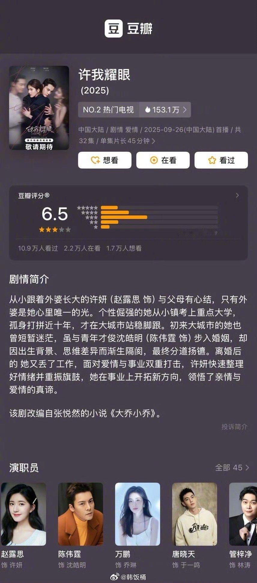 许我耀眼豆瓣开分6.5，大家觉得高了还是低了 ​​​