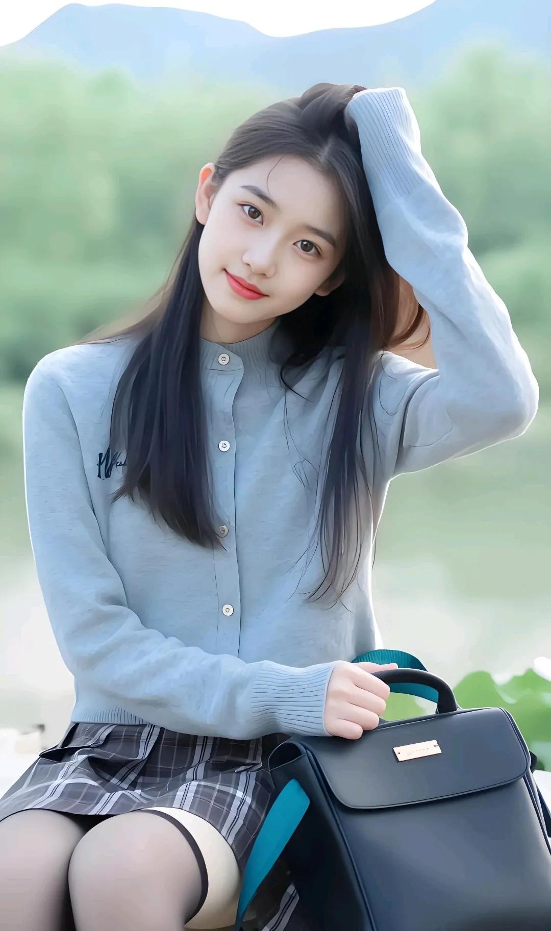 青春校园风，少女甜美微笑，背着小书包，元气满满的一天！💕📚👩‍🎓
