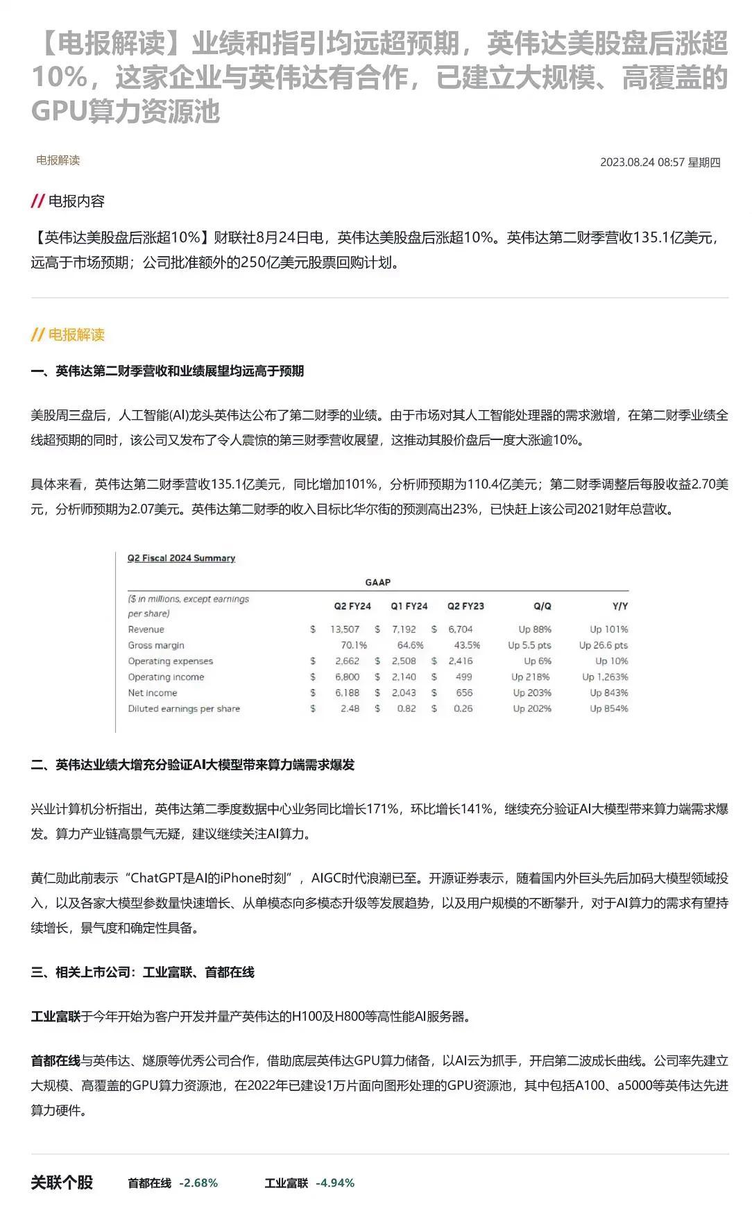 业绩和指引均远超预期，英伟达美股盘后涨超10%，这家企业与英伟达有合作，已建立大