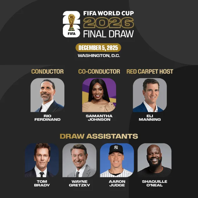 费迪南德将主持2026世界杯抽签仪式   2026 年世界杯最终抽签仪式将在北京