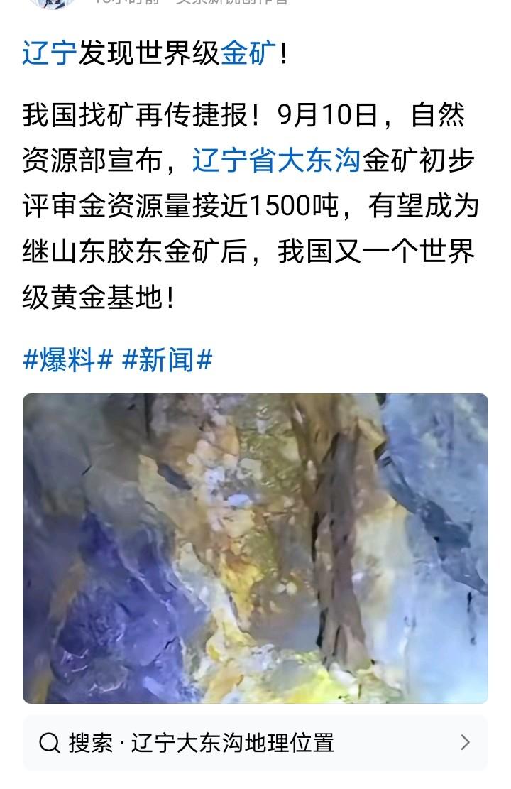 9月10日，我国自然资源部宣布：在辽宁省大东沟发现了世界级金矿，初步评审量达到1